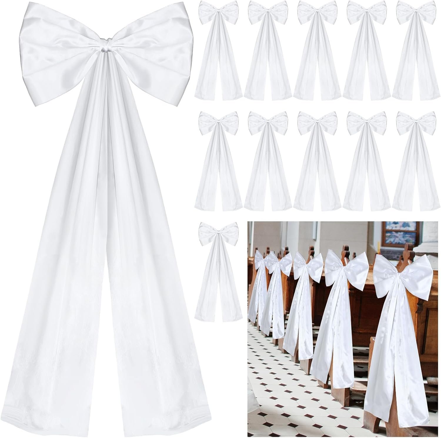 Knitgrip Large Wedding Pew Bows with Long Tails 12 x 29.5 Inch Wedding Aisle Decorations Bows Satin Ribbon Background Decor for Bridal Shower Reception Ceremony(White,12 Pcs)