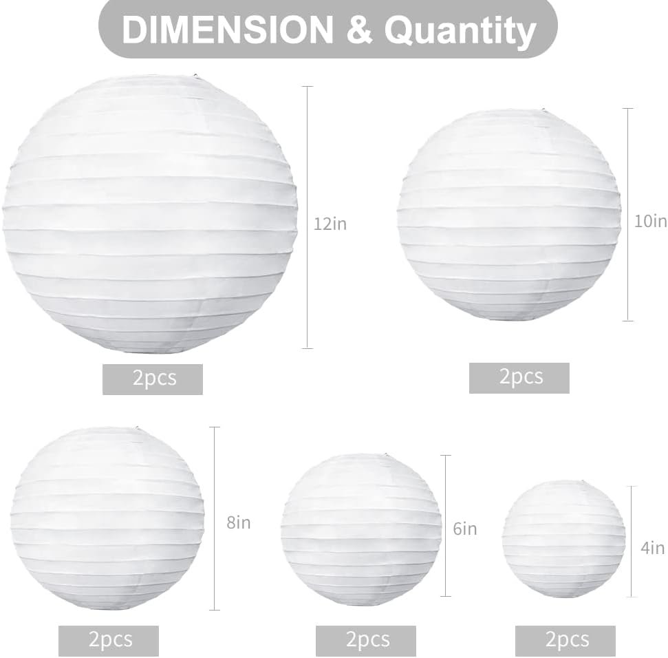 Wholesale 10Pcs White Round Hanging Paper Lanterns for Birthday Wedding Christmas Bridal Home Party Decor 4” 6” 8” 10” Supplier