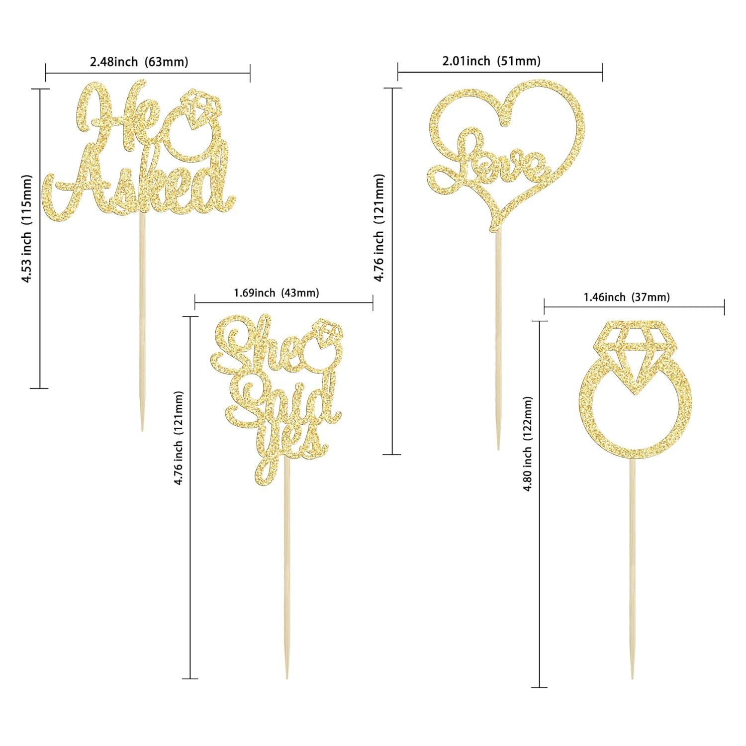 Wholesale He Asked She Said Yes Gold Glitter Diamond Ring Heart Cupcake Toppers Cake Picks Wedding Engagement Party Decorations 24 Pack Supplier