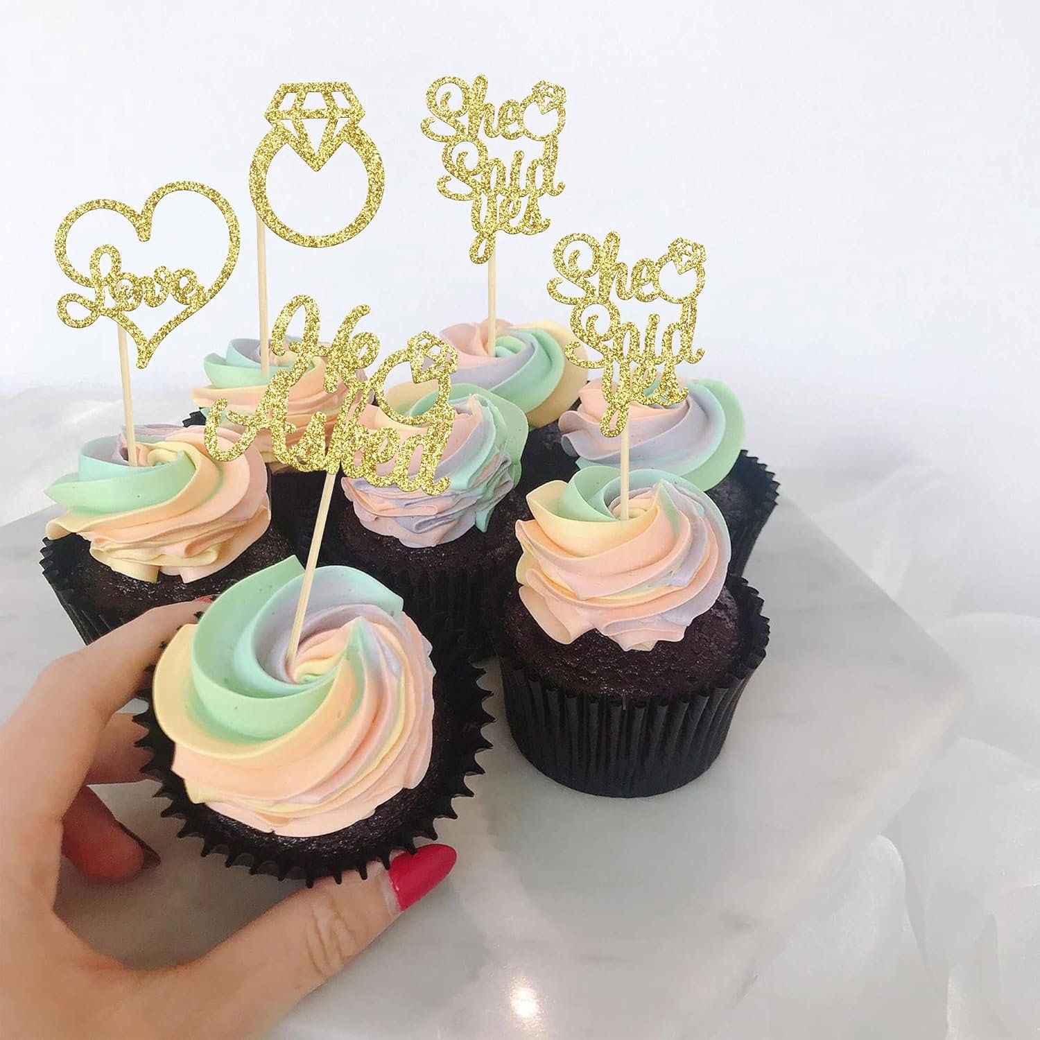 Wholesale He Asked She Said Yes Gold Glitter Diamond Ring Heart Cupcake Toppers Cake Picks Wedding Engagement Party Decorations 24 Pack Supplier