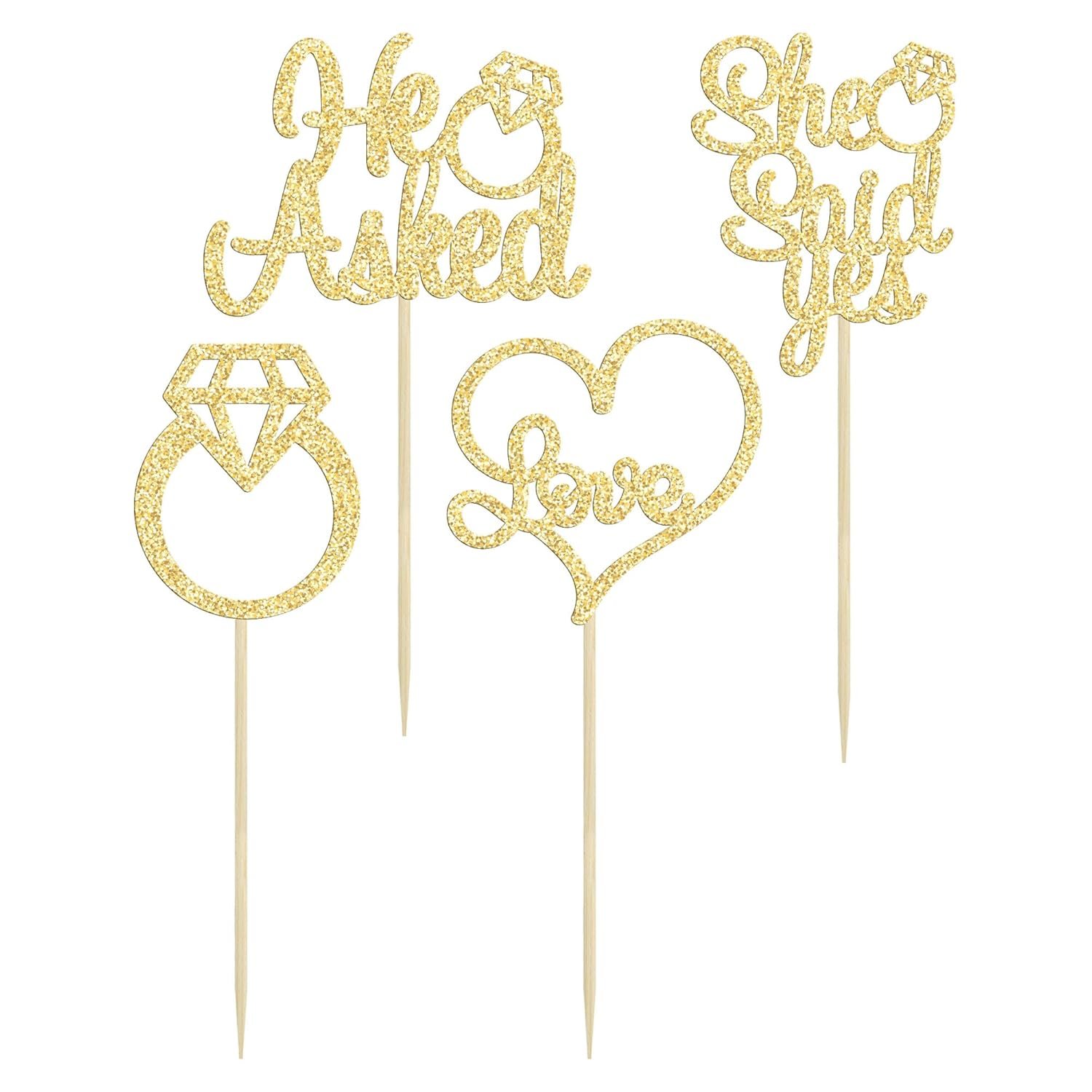 Wholesale He Asked She Said Yes Gold Glitter Diamond Ring Heart Cupcake Toppers Cake Picks Wedding Engagement Party Decorations 24 Pack Supplier