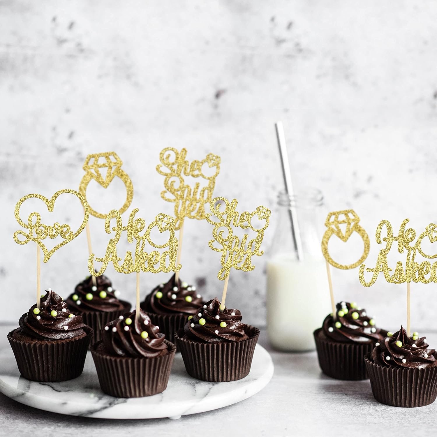 Wholesale He Asked She Said Yes Gold Glitter Diamond Ring Heart Cupcake Toppers Cake Picks Wedding Engagement Party Decorations 24 Pack Supplier