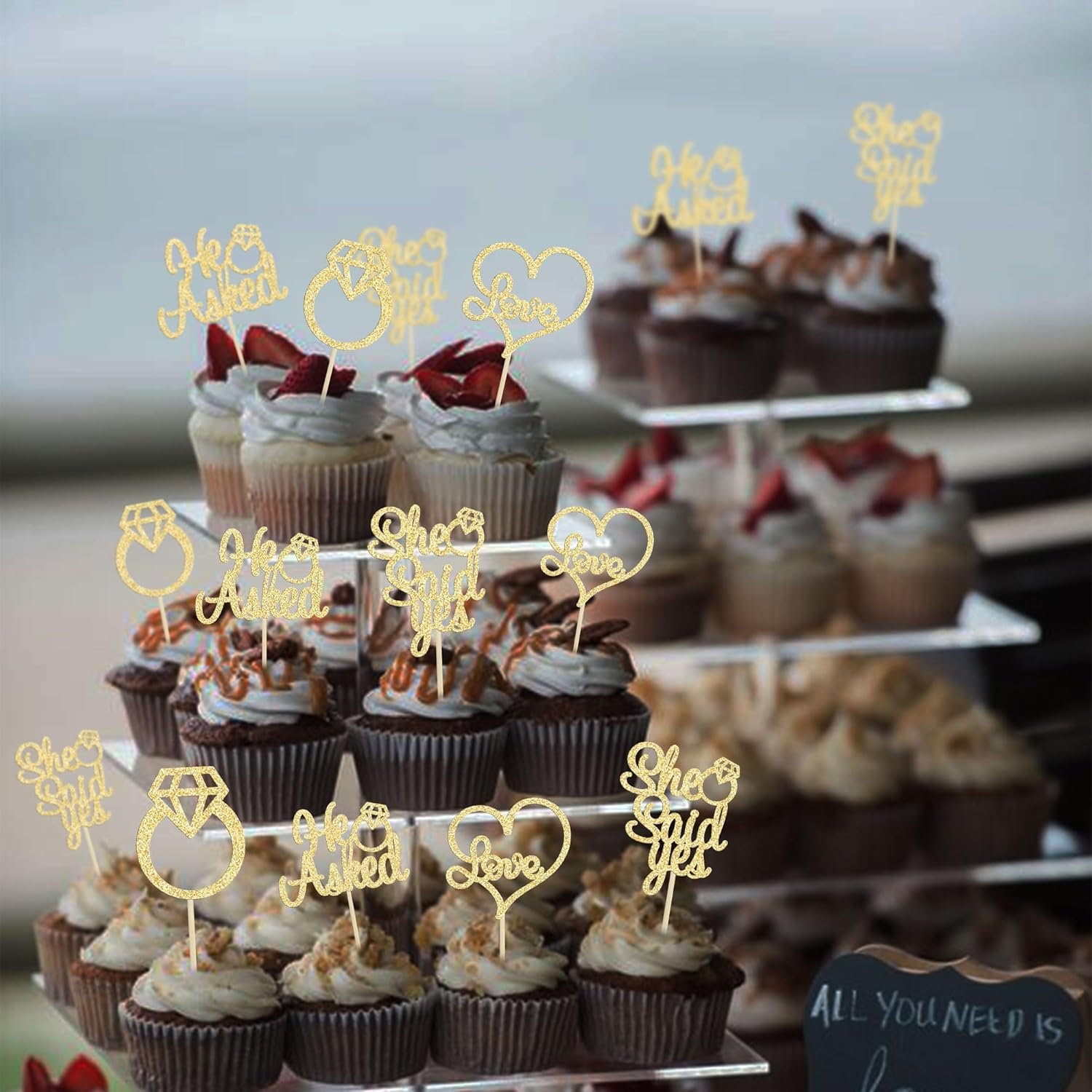 Wholesale He Asked She Said Yes Gold Glitter Diamond Ring Heart Cupcake Toppers Cake Picks Wedding Engagement Party Decorations 24 Pack Supplier