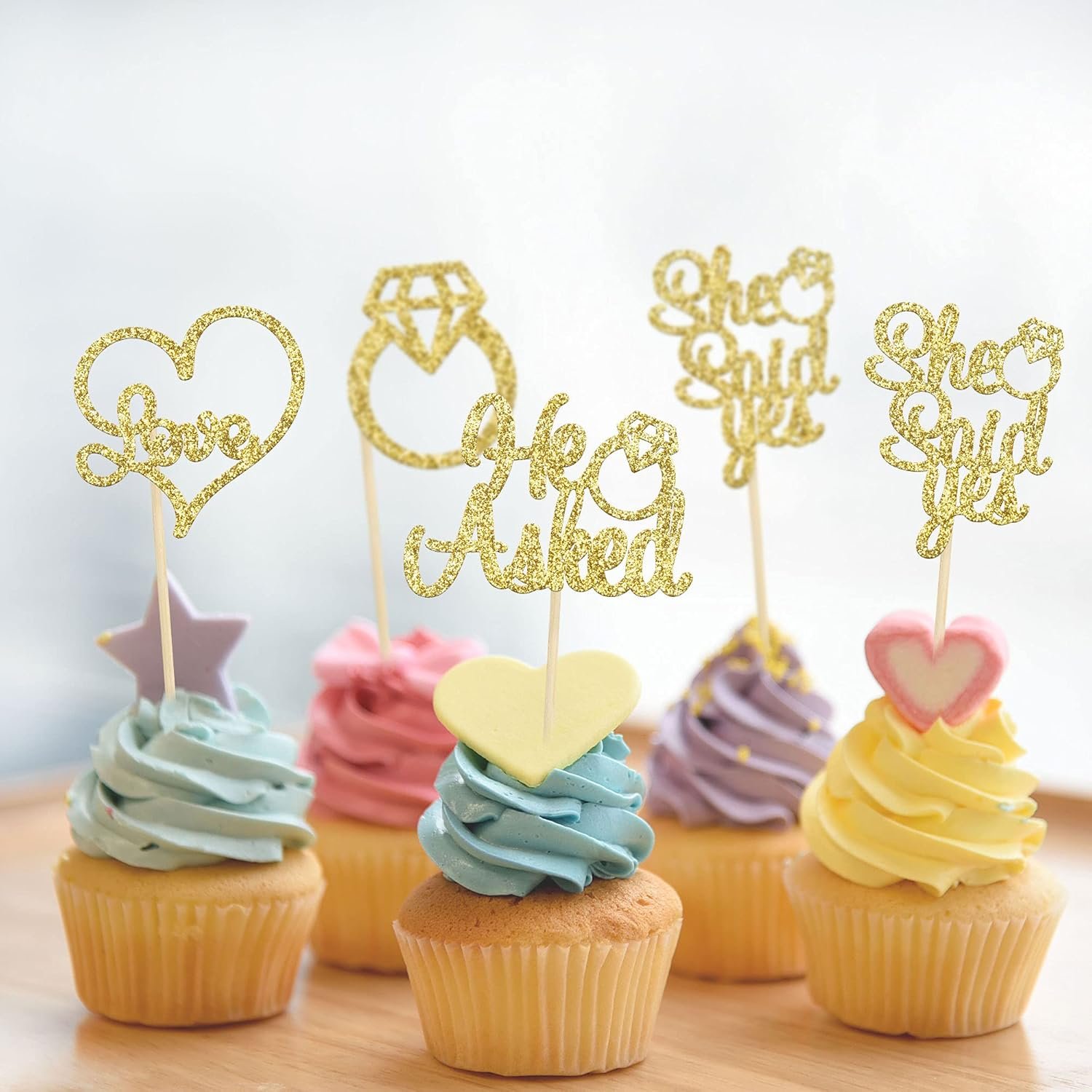 Wholesale He Asked She Said Yes Gold Glitter Diamond Ring Heart Cupcake Toppers Cake Picks Wedding Engagement Party Decorations 24 Pack Supplier
