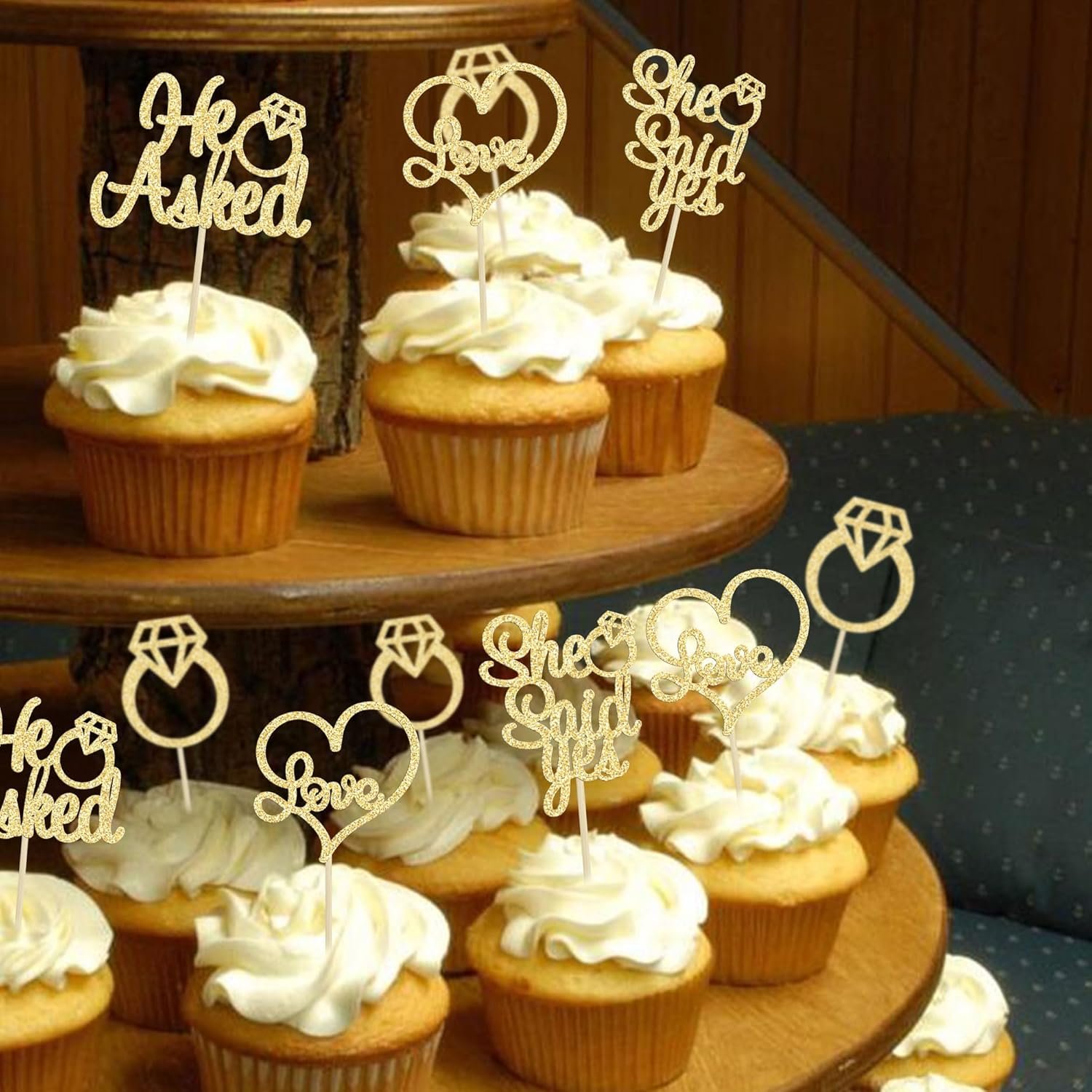 Wholesale He Asked She Said Yes Gold Glitter Diamond Ring Heart Cupcake Toppers Cake Picks Wedding Engagement Party Decorations 24 Pack Supplier