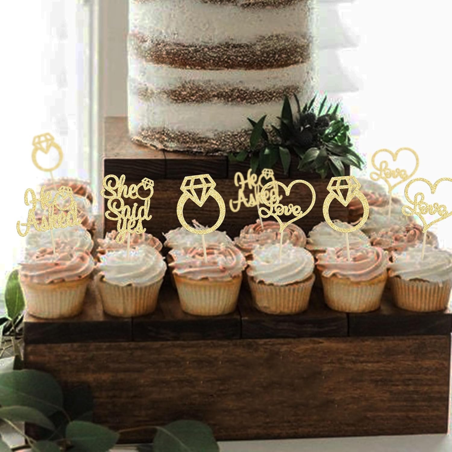 Wholesale He Asked She Said Yes Gold Glitter Diamond Ring Heart Cupcake Toppers Cake Picks Wedding Engagement Party Decorations 24 Pack Supplier