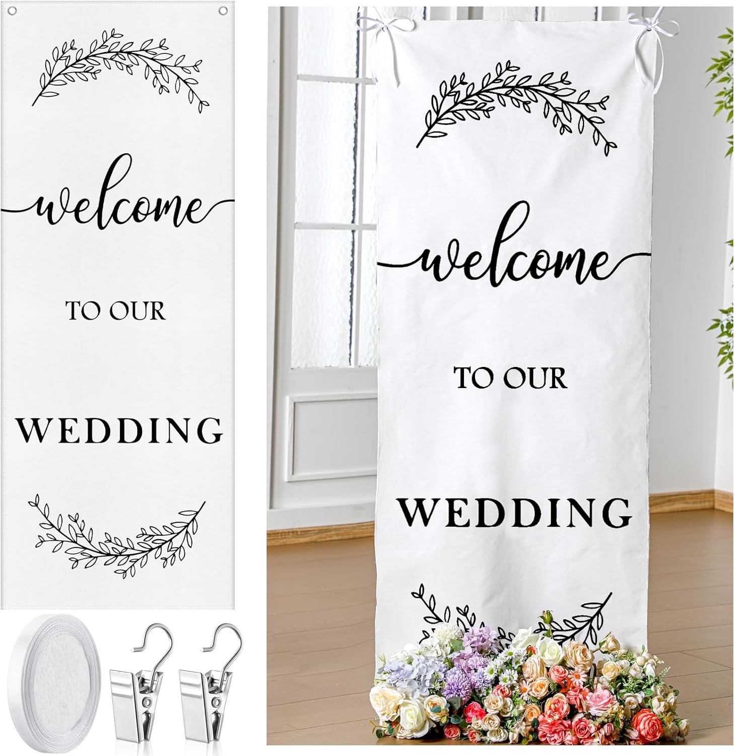 Yousoontic Welcome to Our Wedding Linen Rustic Wedding Welcome Banner Plain Ceremony Banner with Satin Ribbon and Retaining Clip for Ceremony, Arch, Reception Backdrop