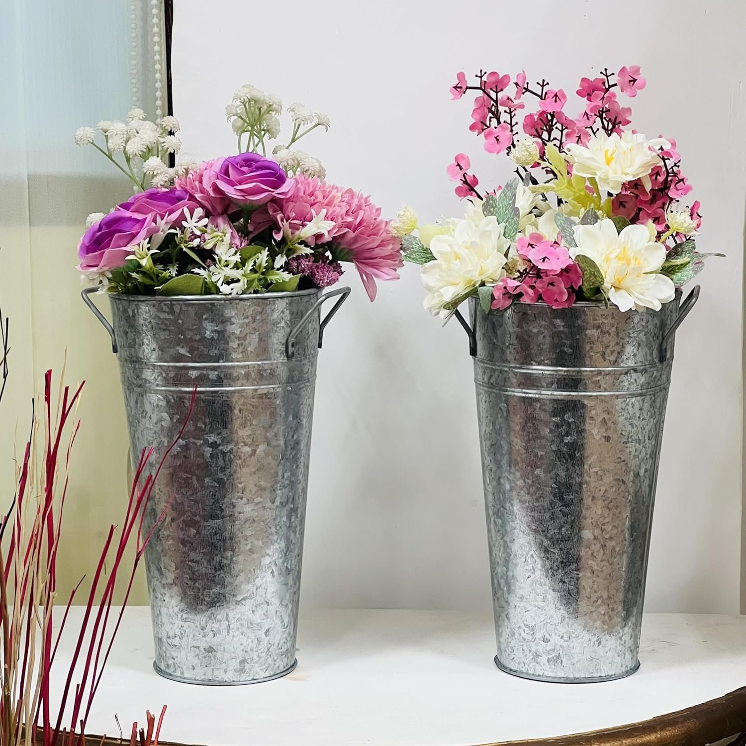 Wholesale Set of 2 Galvanized Bucket Pot Vases with PVC Liner 5