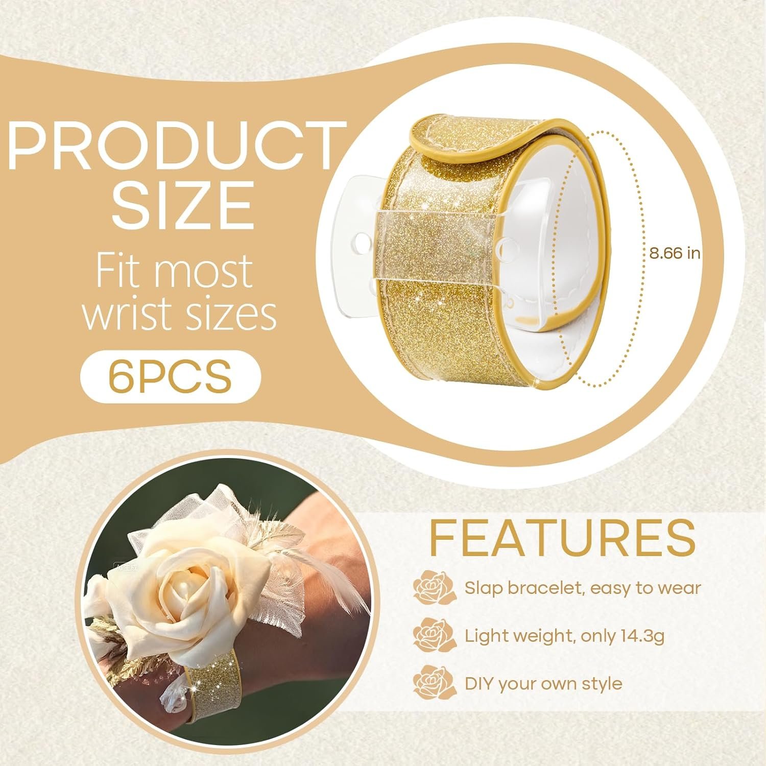 Wholesale Corsage Wristlet Set of 6 Gold Slap Bracelet Bands with Acrylic Base Comfortable for DIY Crafting Elegant for Wedding Prom Party Photoshoot No Flowers Included Supplier