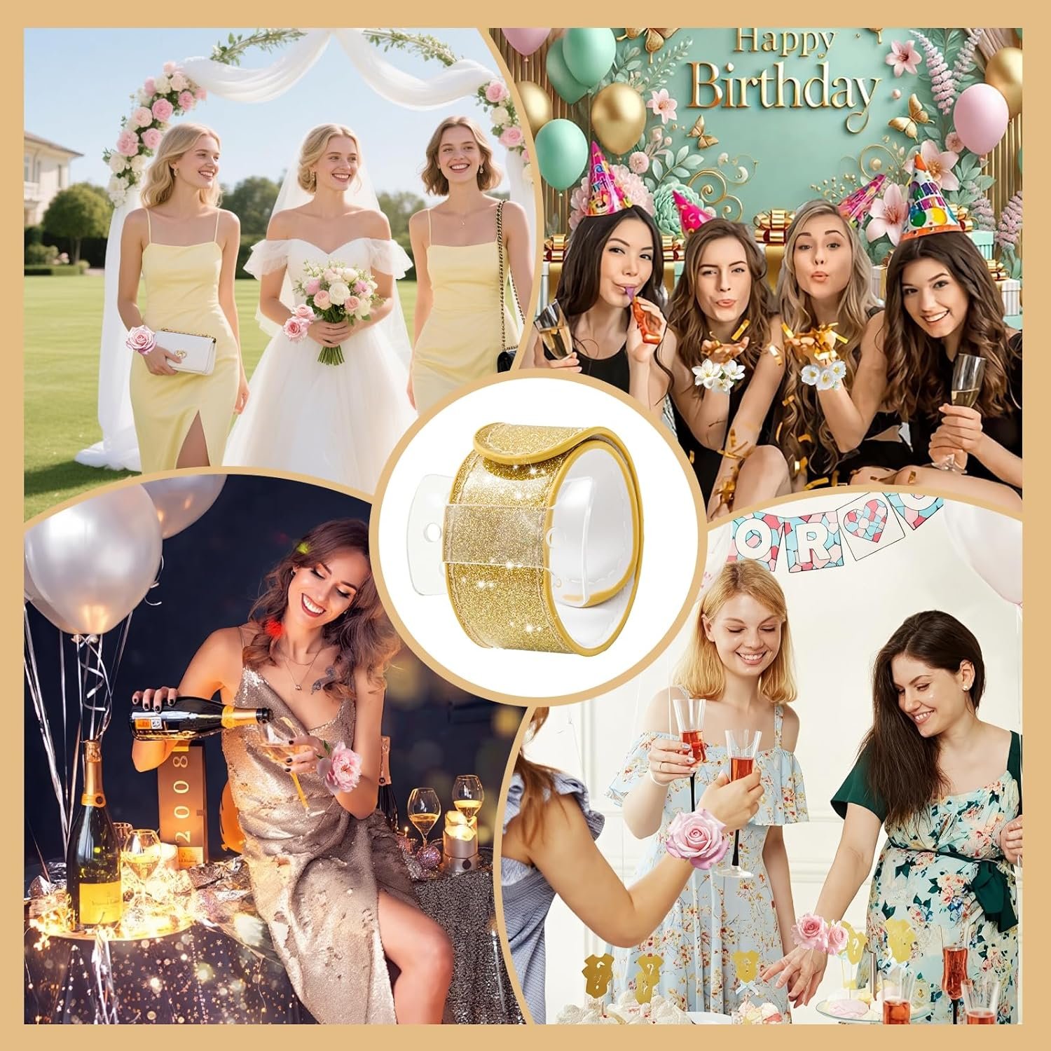 Wholesale Corsage Wristlet Set of 6 Gold Slap Bracelet Bands with Acrylic Base Comfortable for DIY Crafting Elegant for Wedding Prom Party Photoshoot No Flowers Included Supplier