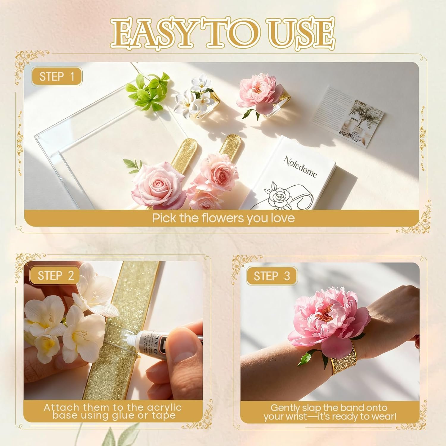 Wholesale Corsage Wristlet Set of 6 Gold Slap Bracelet Bands with Acrylic Base Comfortable for DIY Crafting Elegant for Wedding Prom Party Photoshoot No Flowers Included Supplier