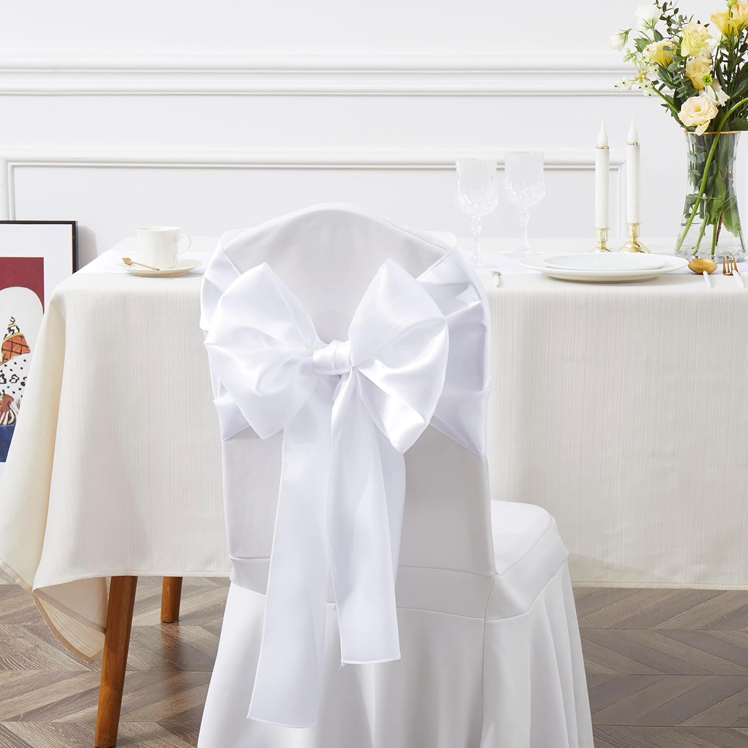 Wholesale 10 Pcs White Satin Chair Sashes Bows Universal Chair Covers 6 x 108 inch for Wedding Reception Events Banquets Party Hotel Decor Supplier