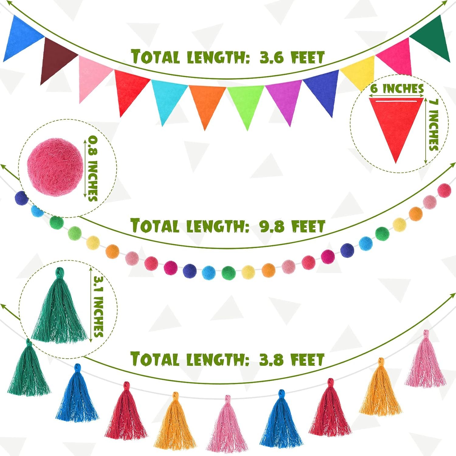Wholesale 9.8 ft Pom Pom Felt Rainbow Garland Tassel Pennant Banner Triangle Fabric Bunting Multicolor Birthday Baby Shower Classroom Decoration Supplier
