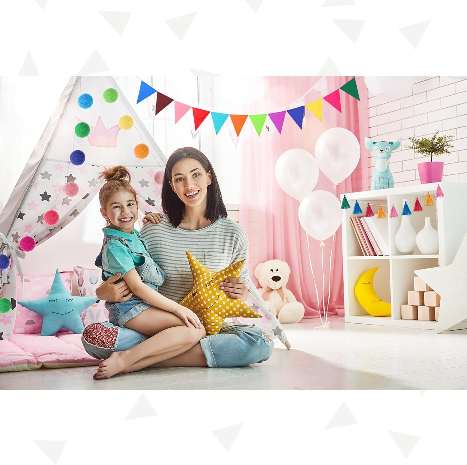 Wholesale 9.8 ft Pom Pom Felt Rainbow Garland Tassel Pennant Banner Triangle Fabric Bunting Multicolor Birthday Baby Shower Classroom Decoration Supplier