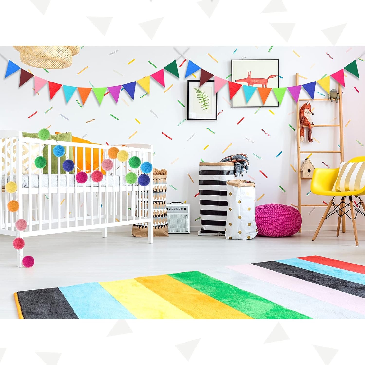 Wholesale 9.8 ft Pom Pom Felt Rainbow Garland Tassel Pennant Banner Triangle Fabric Bunting Multicolor Birthday Baby Shower Classroom Decoration Supplier
