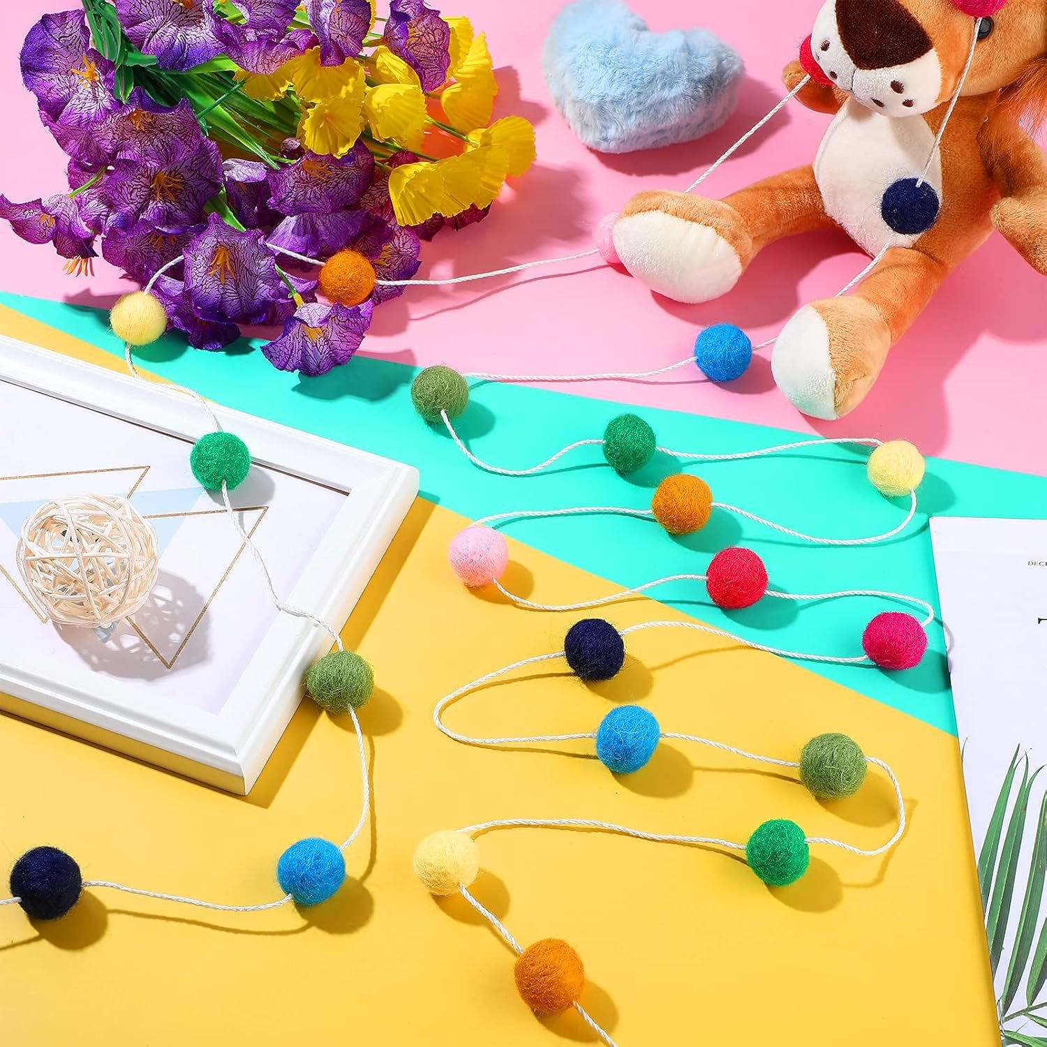 Wholesale 9.8 ft Pom Pom Felt Rainbow Garland Tassel Pennant Banner Triangle Fabric Bunting Multicolor Birthday Baby Shower Classroom Decoration Supplier