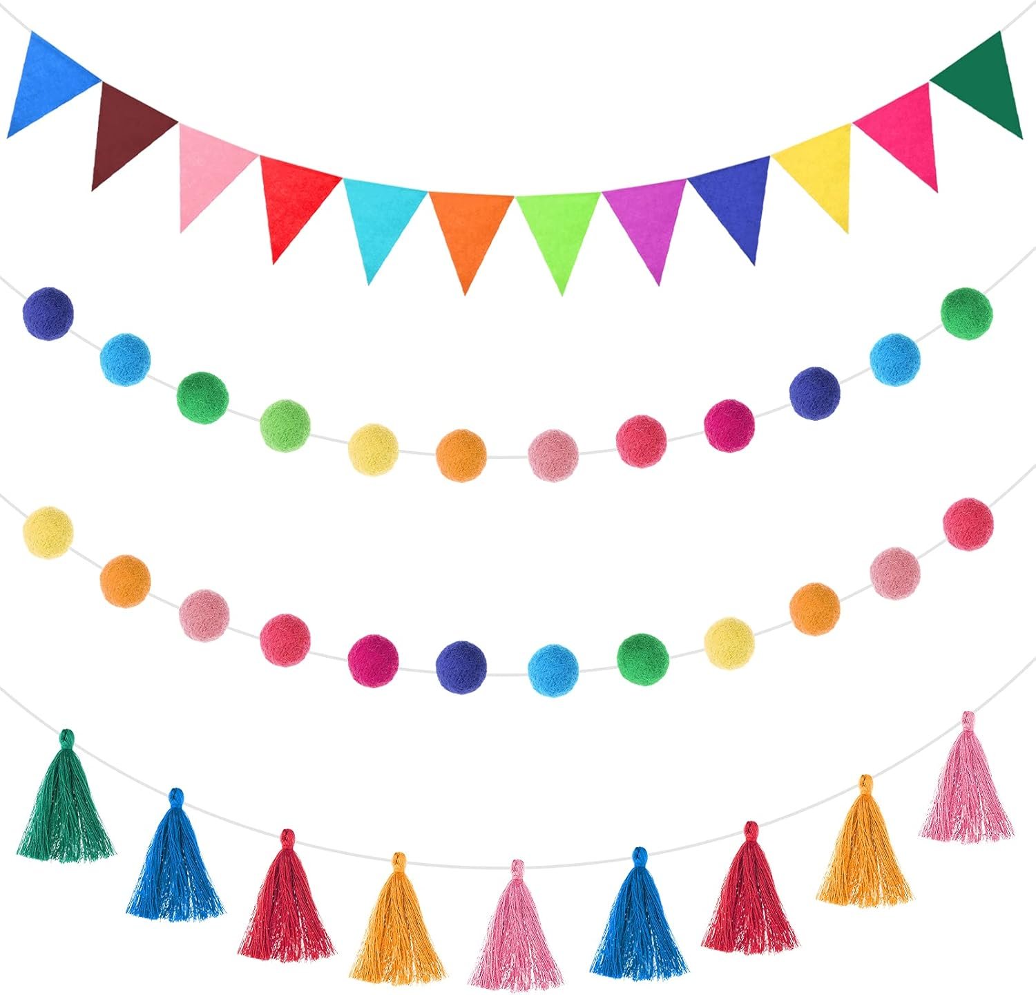 Irenare 9.8 ft Pom Pom Garland Felt Rainbow Garlands Pennant Banner Colorful Tassel Banner Birthday Baby Shower Decoration Triangle Fabric Bunting for Classroom School Mantel Fireplace(Multicolor)