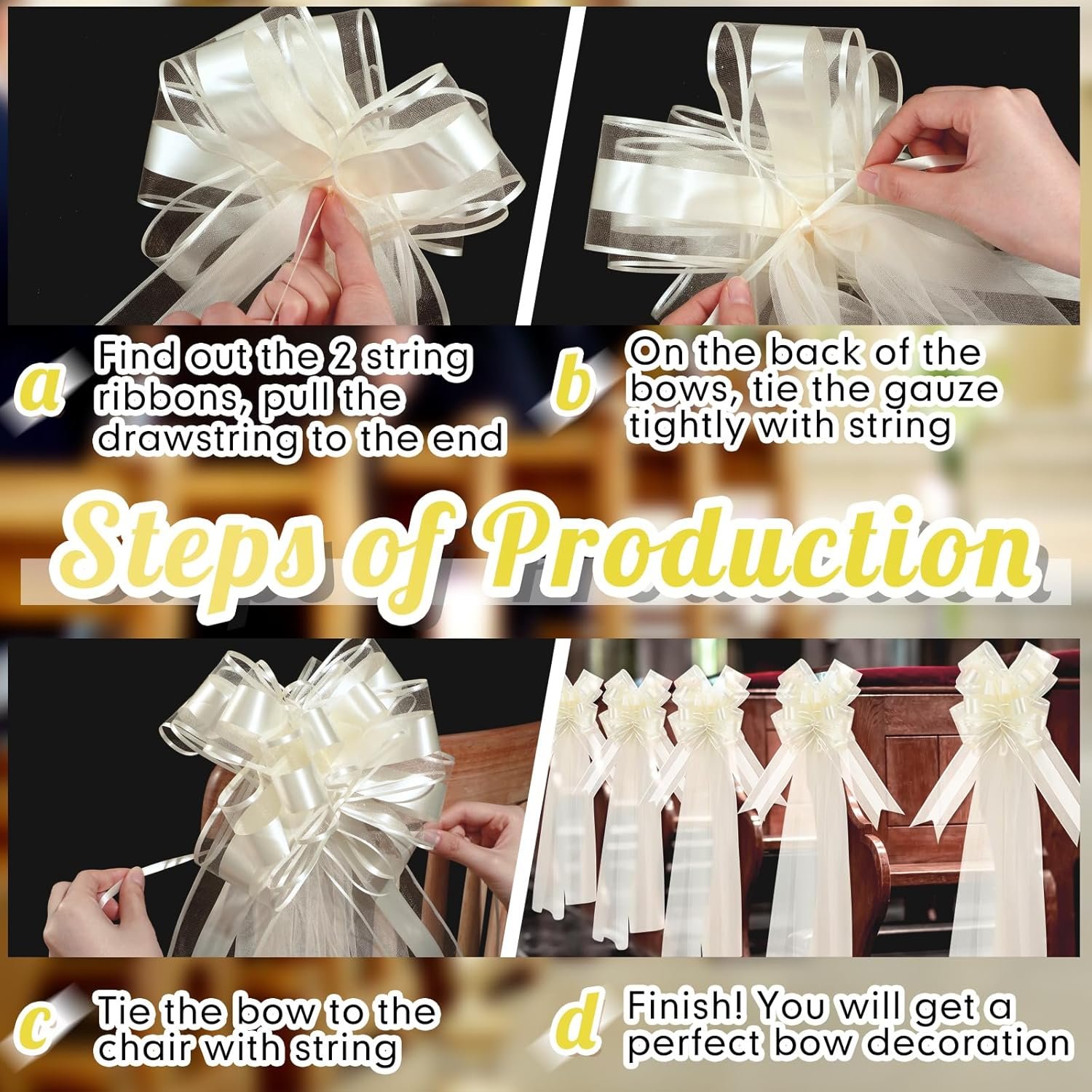 Wholesale 12 Set Large Wedding Pew Bows with Long Tulle Tails Church Chair Aisle Wedding Car Decor Big Bows for Bridal Shower Reception Birthday Anniversary (Champagne) Supplier