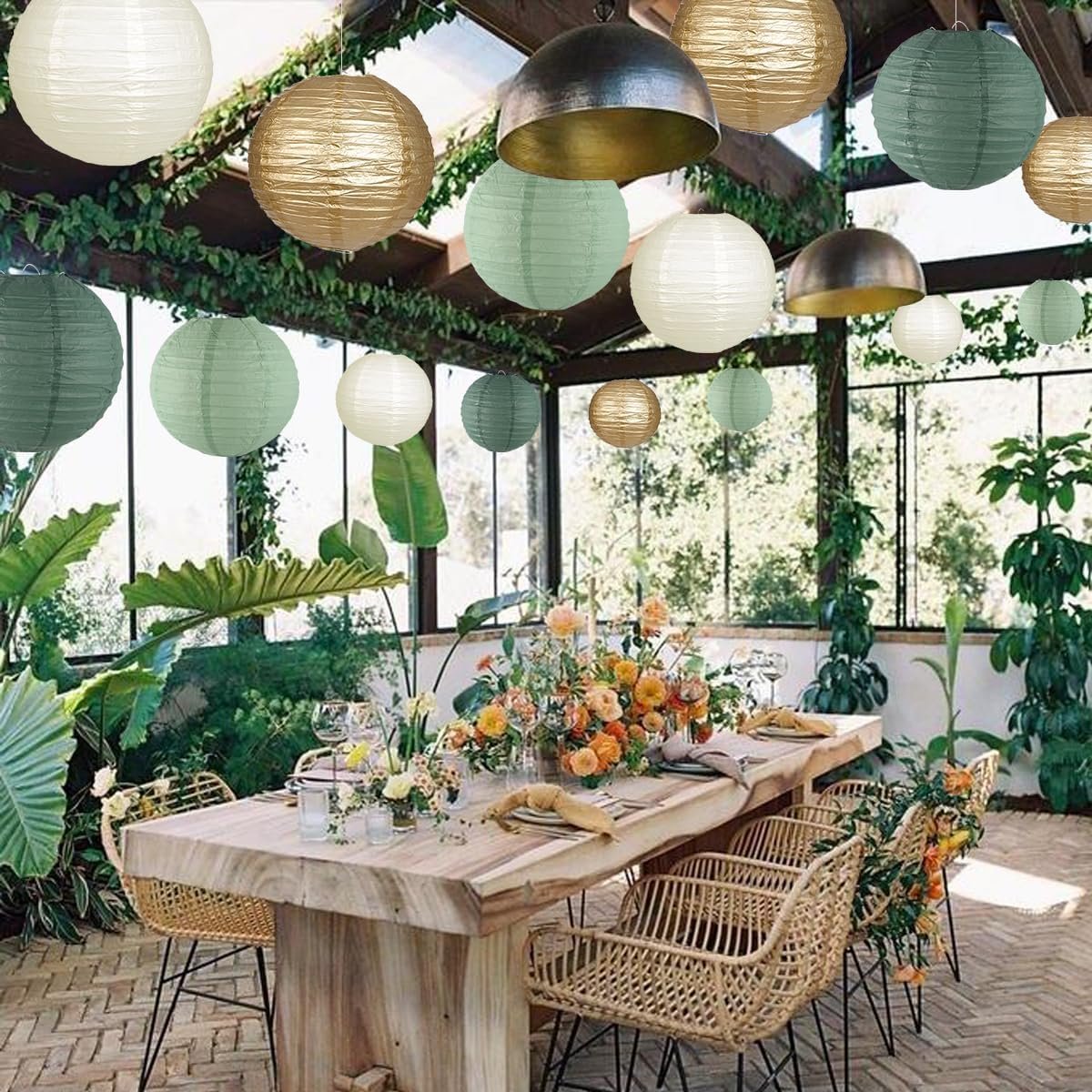 Wholesale Decorative Round Hanging Paper Lanterns Sage Green Gold Ivory 15pcs Wedding Bridal Shower Birthday Party Supplies Supplier
