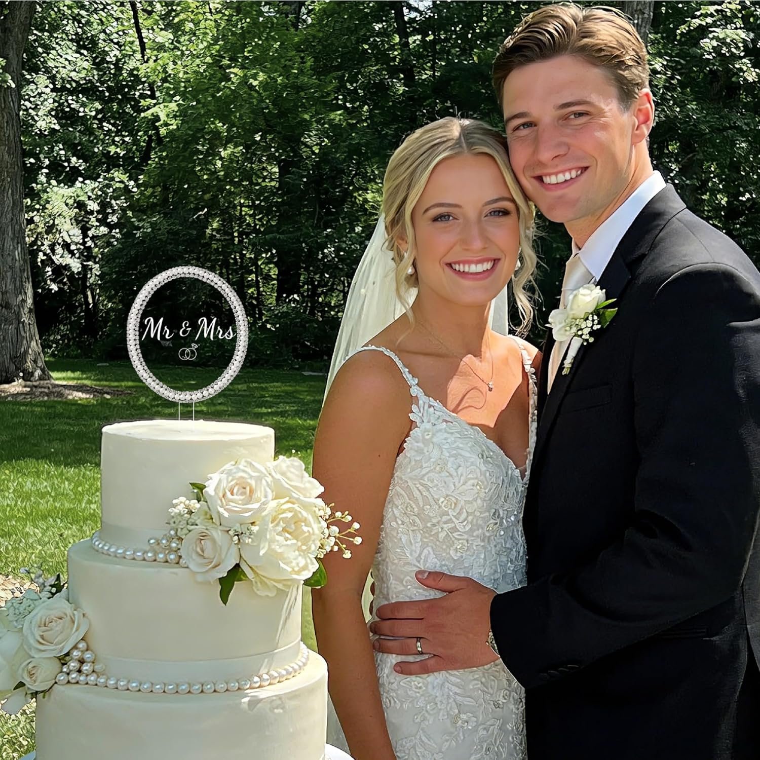 Wholesale Mr and Mrs Oval Cake Topper Rhinestones Pearls Wedding Engagement Bridal Anniversary Decor Supplier