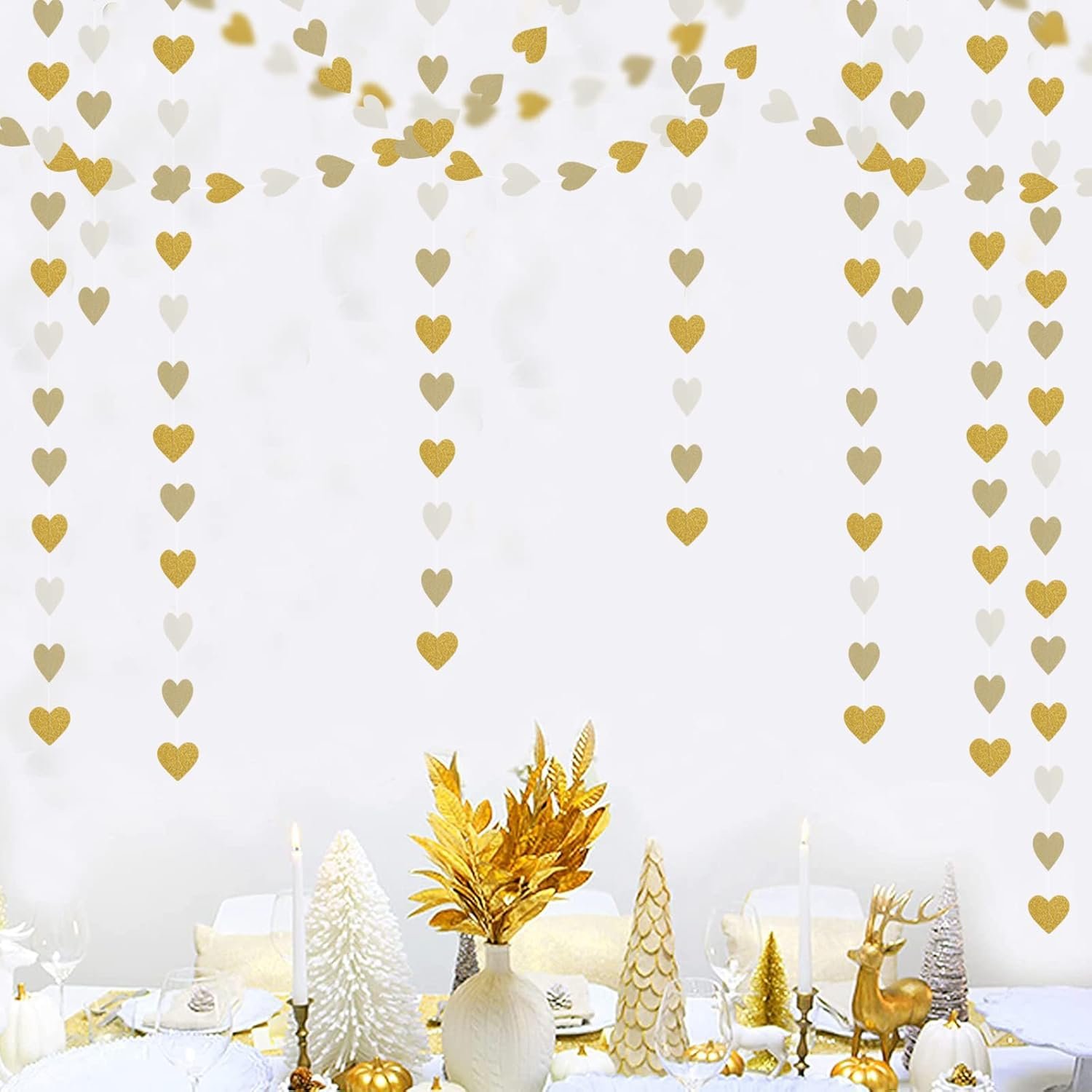 Wholesale 52Ft White Gold Champagne Heart Streamers Garland Hanging Paper Banner for Christmas Wedding Engagement Bachelorette Neutral Baby Bridal Shower Party Decor Supplier