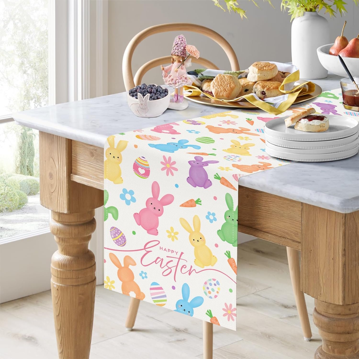 Wholesale Bunny Happy Easter Table Runner 13x72 Inch Spring Rabbit Easter Eggs Carrot Floral Kitchen Dining Decoration Indoor Outdoor Home Party Decor Supplier