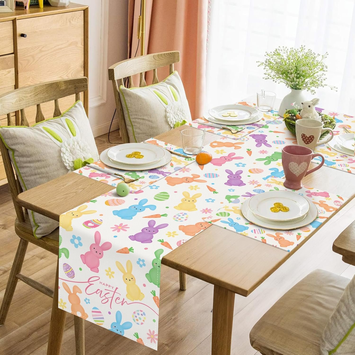 Wholesale Bunny Happy Easter Table Runner 13x72 Inch Spring Rabbit Easter Eggs Carrot Floral Kitchen Dining Decoration Indoor Outdoor Home Party Decor Supplier