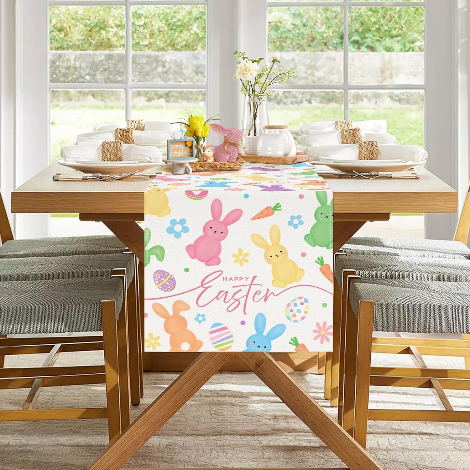 Wholesale Bunny Happy Easter Table Runner 13x72 Inch Spring Rabbit Easter Eggs Carrot Floral Kitchen Dining Decoration Indoor Outdoor Home Party Decor Supplier