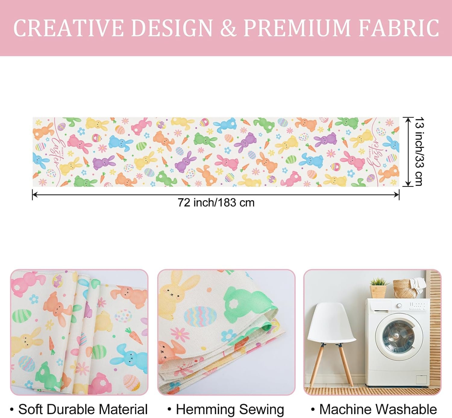 Wholesale Bunny Happy Easter Table Runner 13x72 Inch Spring Rabbit Easter Eggs Carrot Floral Kitchen Dining Decoration Indoor Outdoor Home Party Decor Supplier