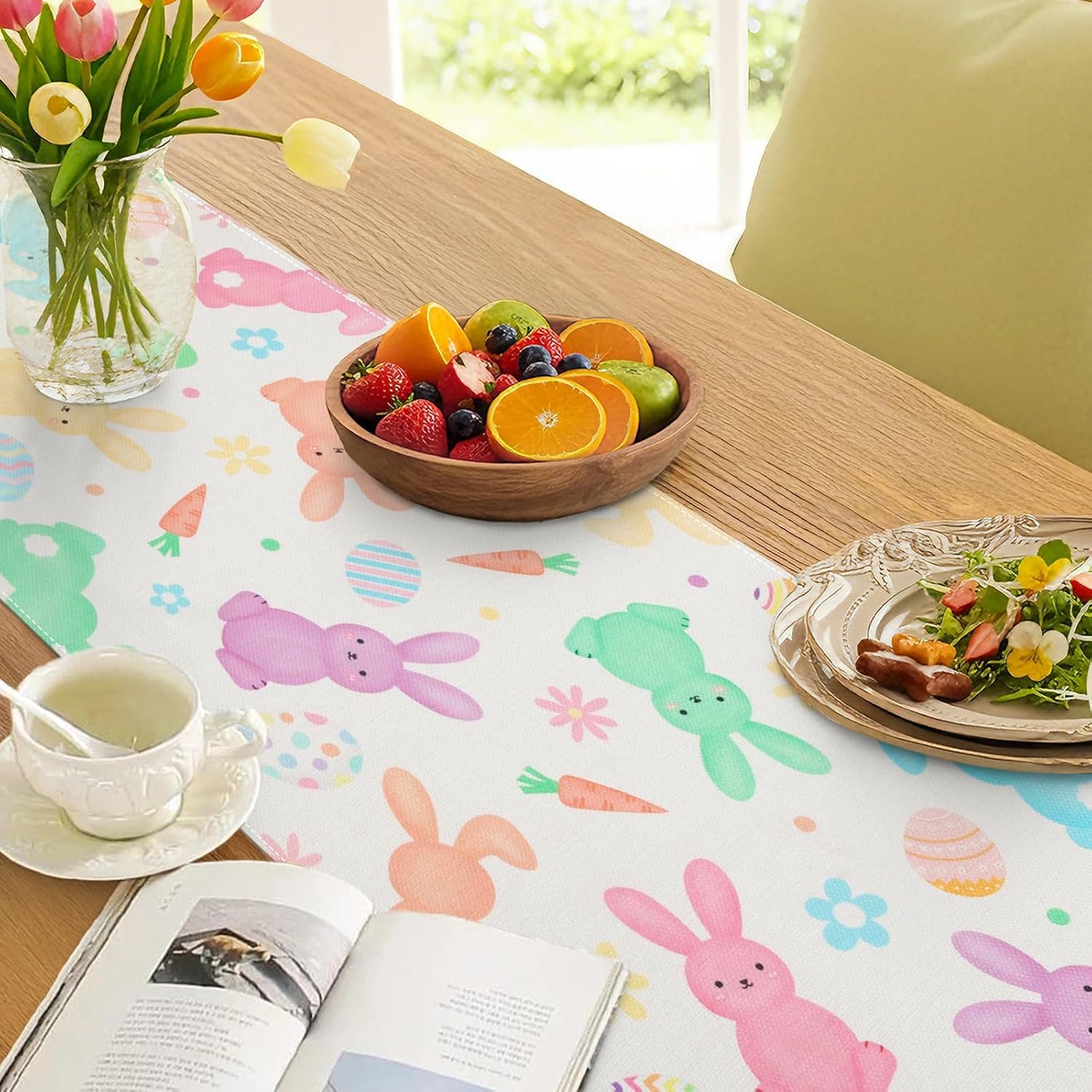 Wholesale Bunny Happy Easter Table Runner 13x72 Inch Spring Rabbit Easter Eggs Carrot Floral Kitchen Dining Decoration Indoor Outdoor Home Party Decor Supplier