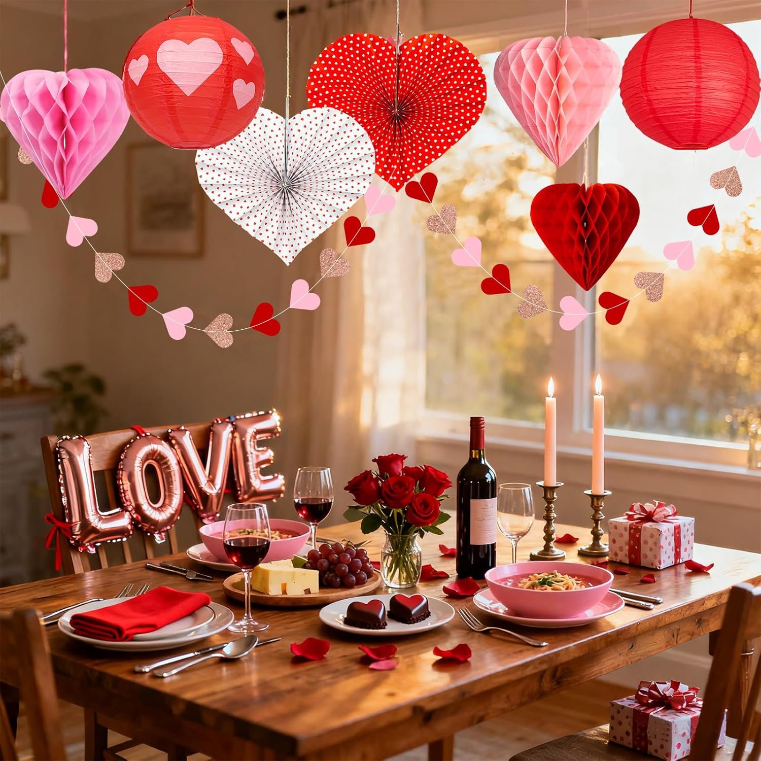 Wholesale 17 Pcs Valentines Day Hanging Ceiling Decorations Honeycomb Hearts Paper Fans Lanterns Red Pink for Office Party Supplier