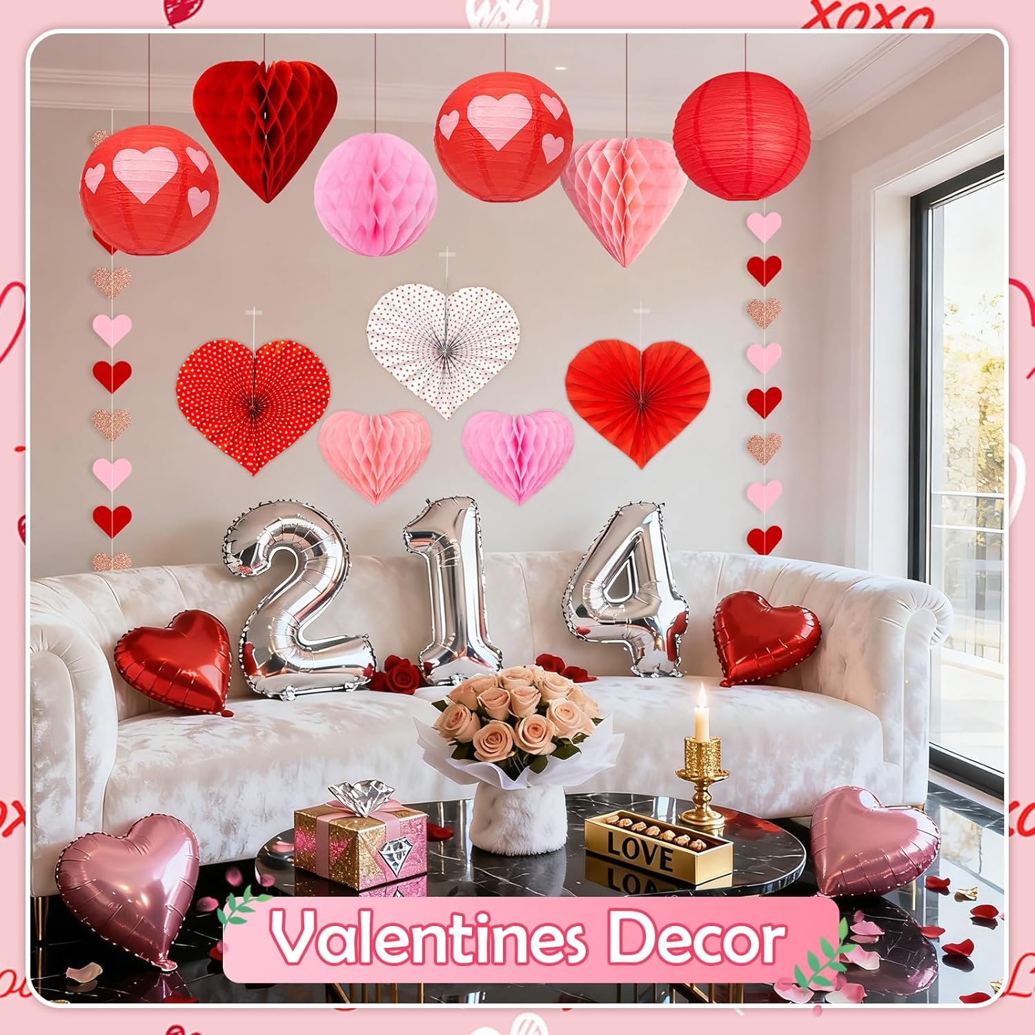 Wholesale 17 Pcs Valentines Day Hanging Ceiling Decorations Honeycomb Hearts Paper Fans Lanterns Red Pink for Office Party Supplier
