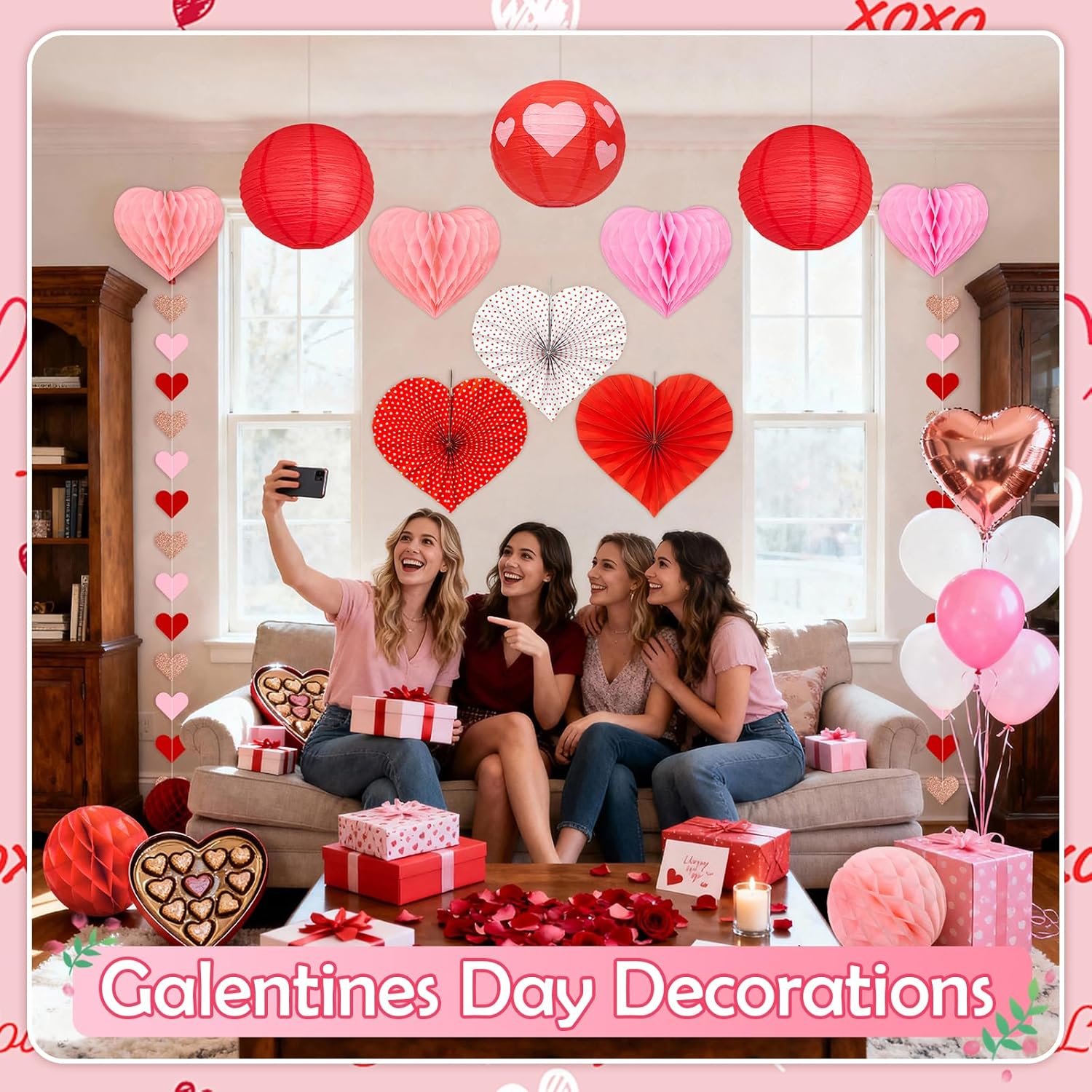 Wholesale 17 Pcs Valentines Day Hanging Ceiling Decorations Honeycomb Hearts Paper Fans Lanterns Red Pink for Office Party Supplier