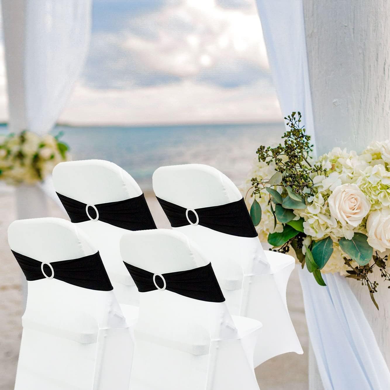 Wholesale 50PCS Spandex Stretch Chair Sashes Ties Bows with Buckle Slider Wedding Party Banquet Decoration Black Supplier