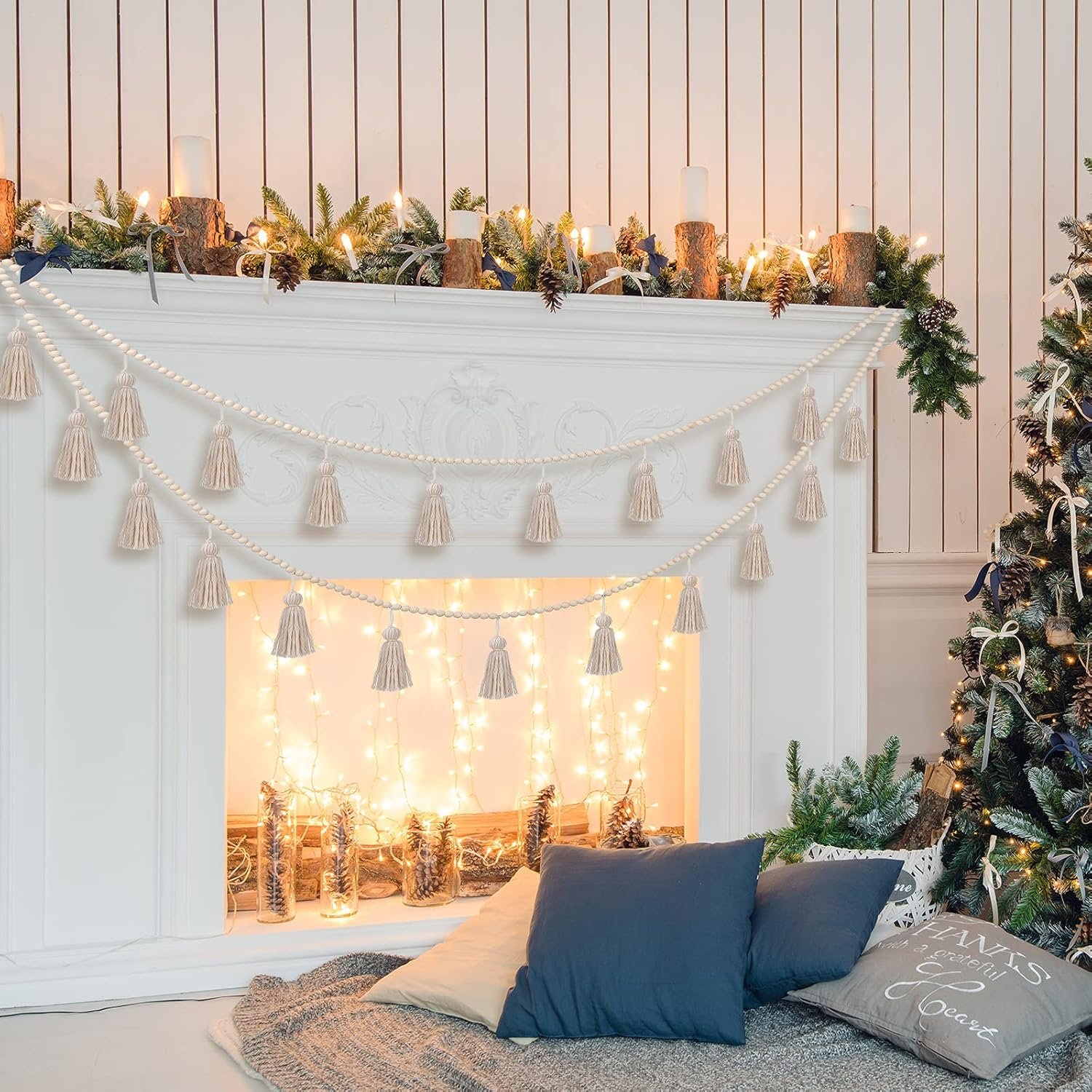 Wholesale 9.8ft Boho Macrame Tassel Wooden Bead Garland Banner Classroom Decor Wall Hanging Farmhouse Rustic Country Holiday Decoration Classic Color Supplier