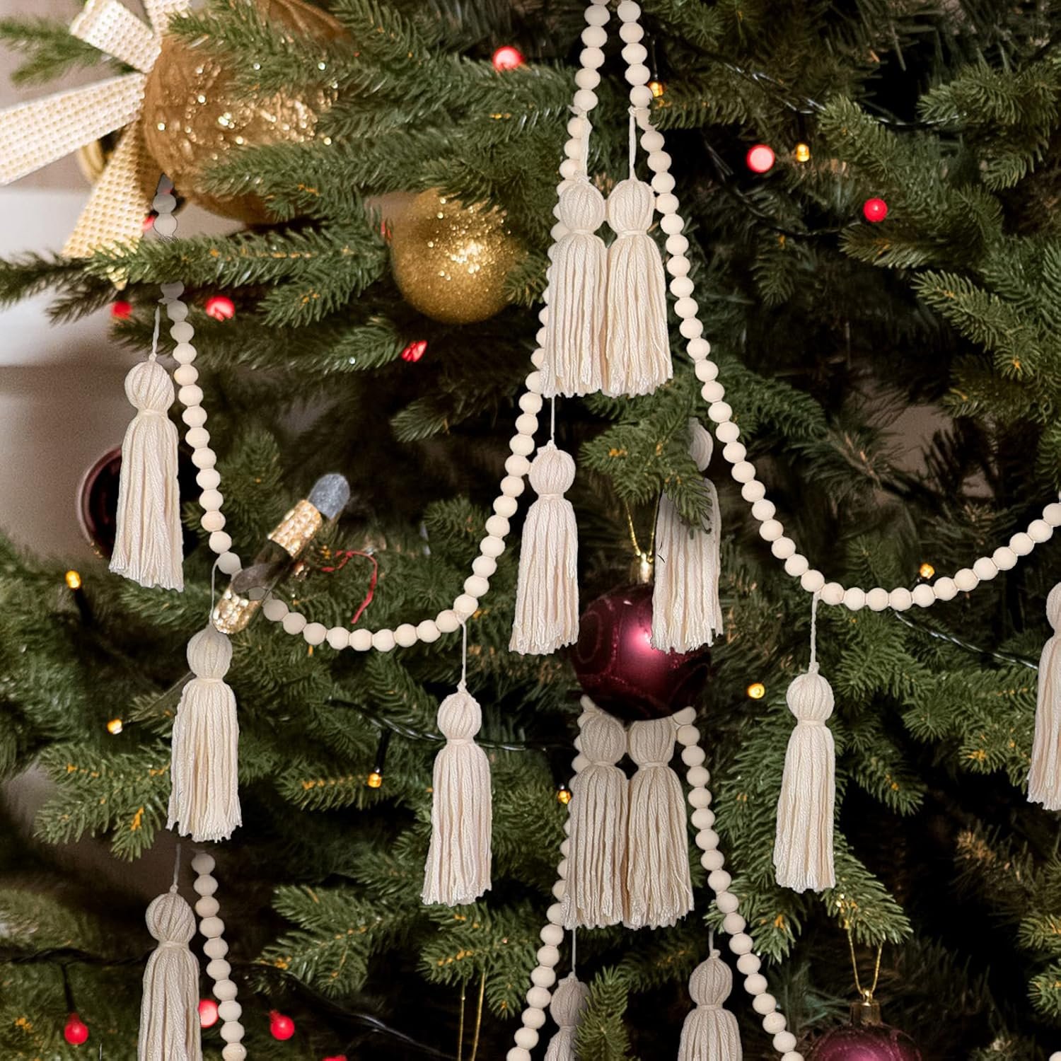 Wholesale 9.8ft Boho Macrame Tassel Wooden Bead Garland Banner Classroom Decor Wall Hanging Farmhouse Rustic Country Holiday Decoration Classic Color Supplier