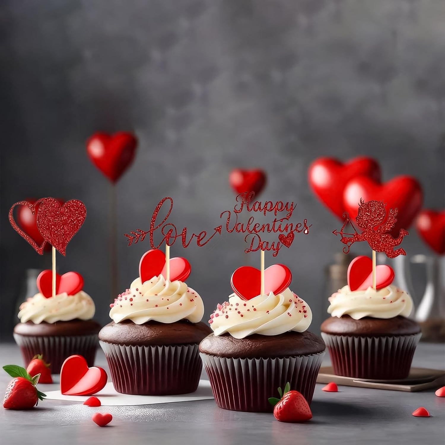 Wholesale 60 Pcs Glitter Cupid Love Heart Lip Kiss Me Be Mine XOXO Valentine Cupcake Toppers Picks for Wedding Party Cake Decorations Red Supplier