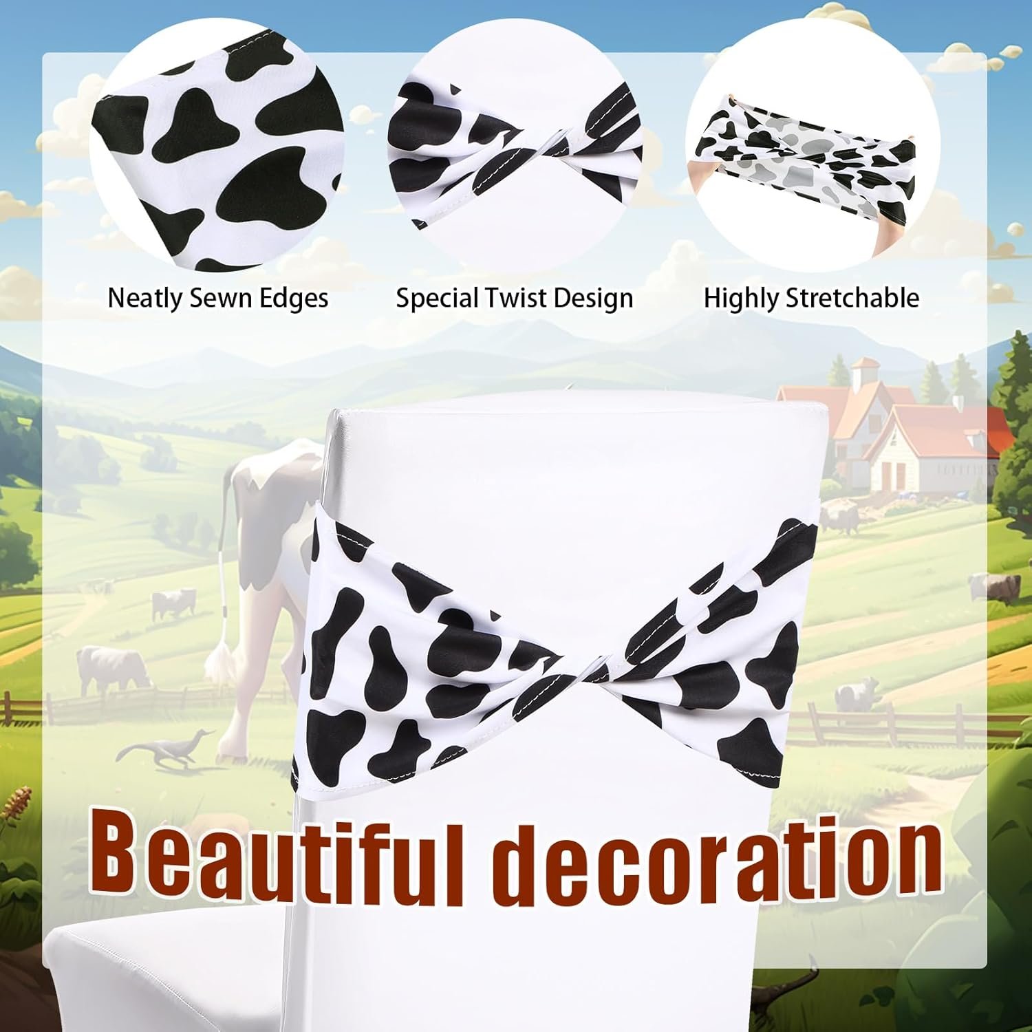 Wholesale 36 Pcs Cow Stripe Spandex Chair Sashes Animal Print Elastic Bands Bows Polyester Ties Without Buckle for Safari Jungle Theme Party Birthday Decor Supplier