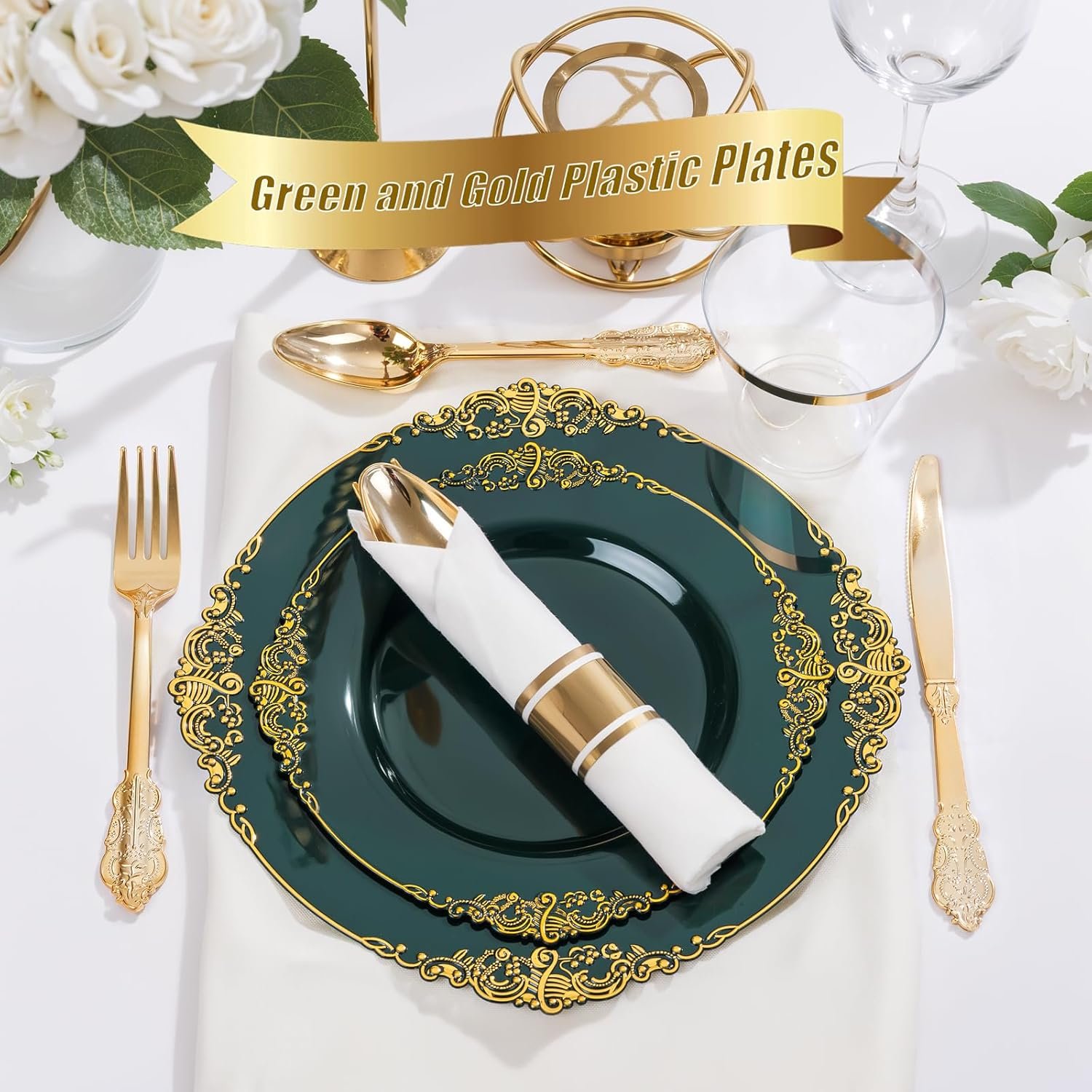 Wholesale 175PCS Disposable Green Gold Plastic Party Plates Set Pre-Rolled Napkins Cutlery for 25 Guests 50Plates 75Silverware 25Cups 25Napkins Wedding Party Supplier