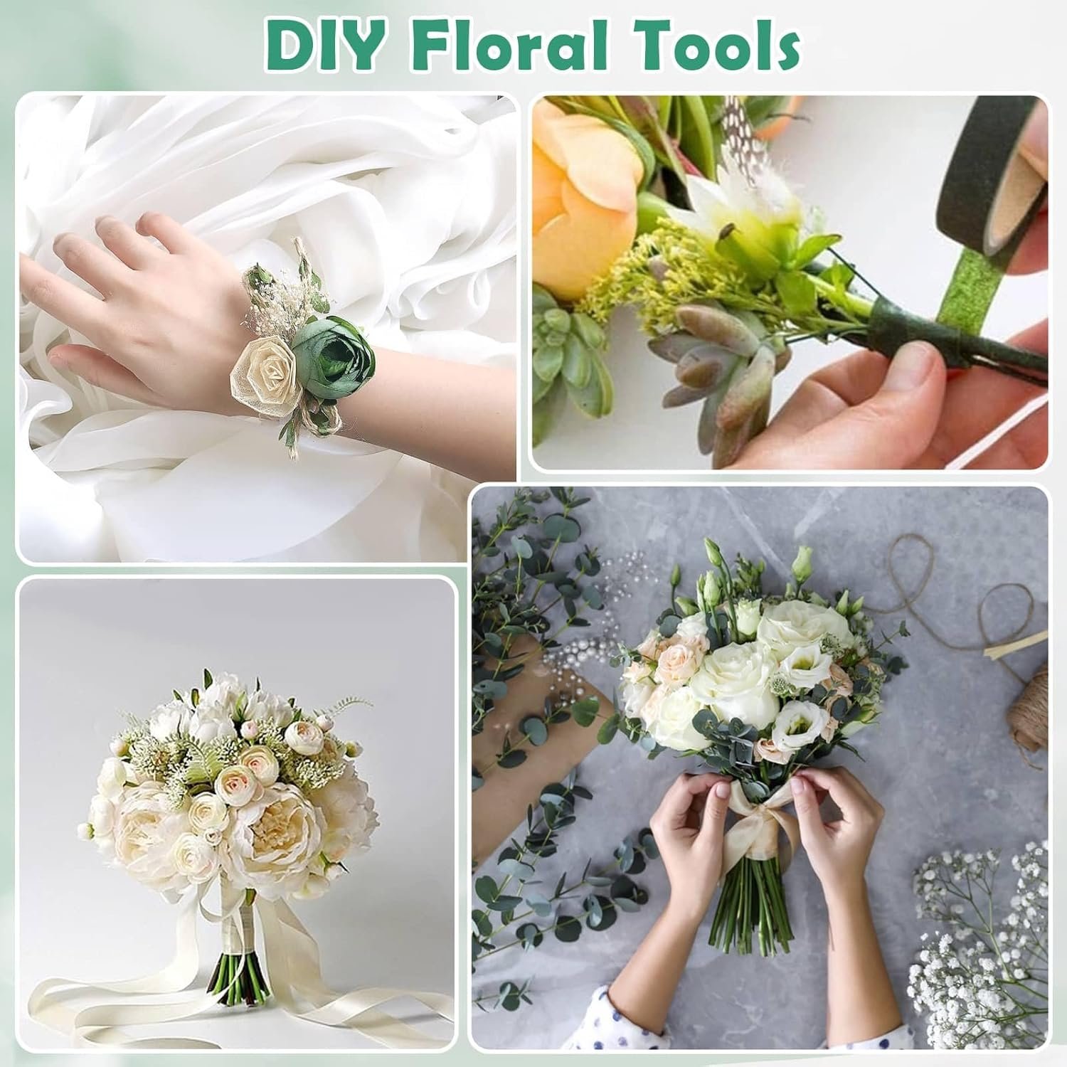 Wholesale Floral Tape Floral Wire Arrangement Tool Kit Green Tape Wire Boutonniere Flower Pins Cutter White Ribbon Elastic Pearl Wrist Corsage Bands for Bouquets Supplier