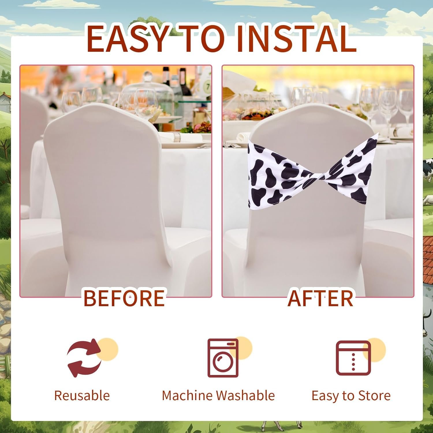 Wholesale 72 Pcs Cow Stripe Spandex Chair Sashes Animal Print Elastic Bands Bows Ties Without Buckle Safari Jungle Theme Party Decor Supplier