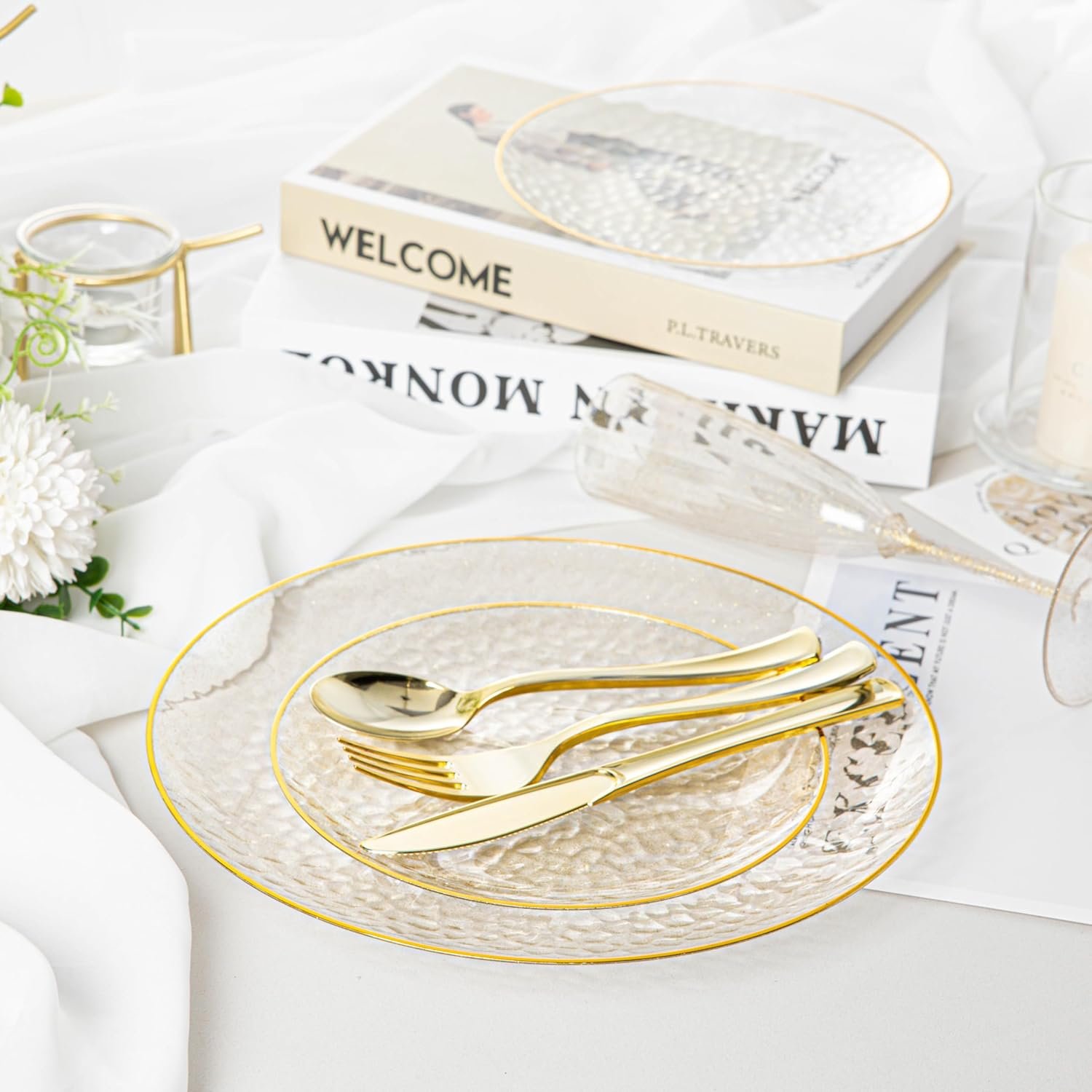 Wholesale 100PCS Clear Plastic Plates Gold Rim 50pcs 10” Dinner Plates 50pcs 7” Dessert Plates Disposable Heavy Duty for Parties Weddings Birthdays Supplier