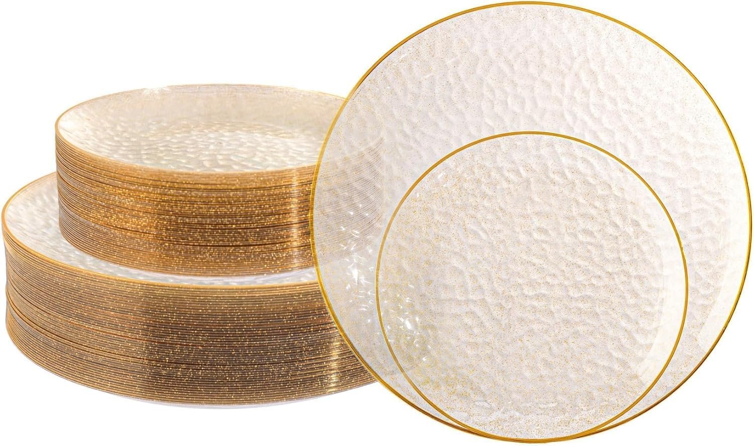 Lullaby 100PCS Clear Plastic Plates with Gold Rim, Includes 50pcs Dinner Plate 10” and 50pcs Dessert Plate 7”, Disposable Heavyduty Plates for Birthdays, Parties and Wedding