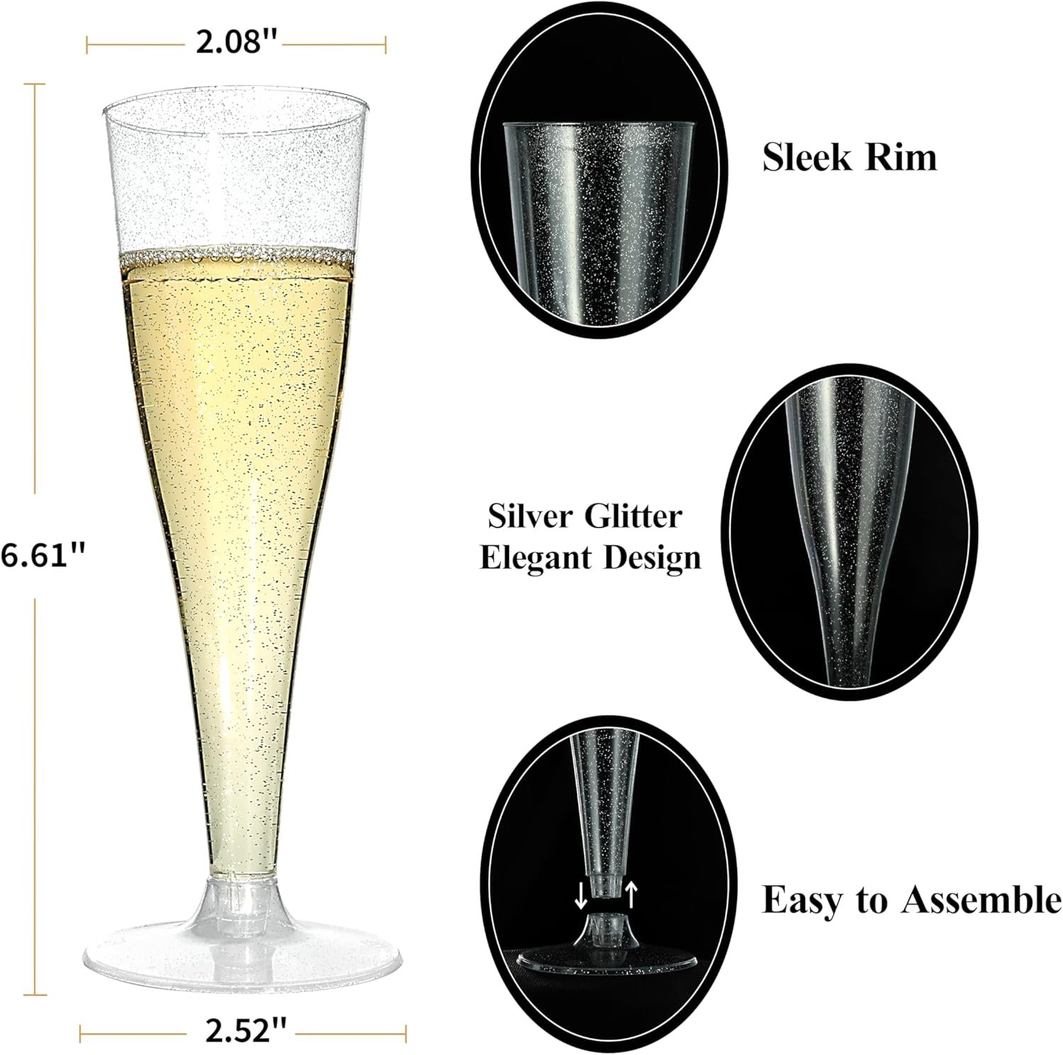 Wholesale 100 Pack 4.5 oz Silver Glitter Plastic Disposable Champagne Flutes Stemware for Party Mimosa Bar Wedding Anniversary Graduation Supplier Wholesale 100 Pack 4.5 oz Silver Glitter Plastic Disposable Champagne Flutes Stemware for Party Mimosa Bar Wedding Anniversary Graduation Supplier