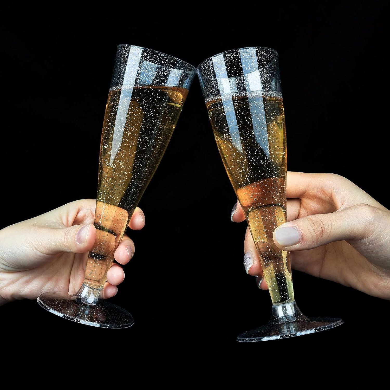Wholesale 100 Pack 4.5 oz Silver Glitter Plastic Disposable Champagne Flutes Stemware for Party Mimosa Bar Wedding Anniversary Graduation Supplier Wholesale 100 Pack 4.5 oz Silver Glitter Plastic Disposable Champagne Flutes Stemware for Party Mimosa Bar Wedding Anniversary Graduation Supplier