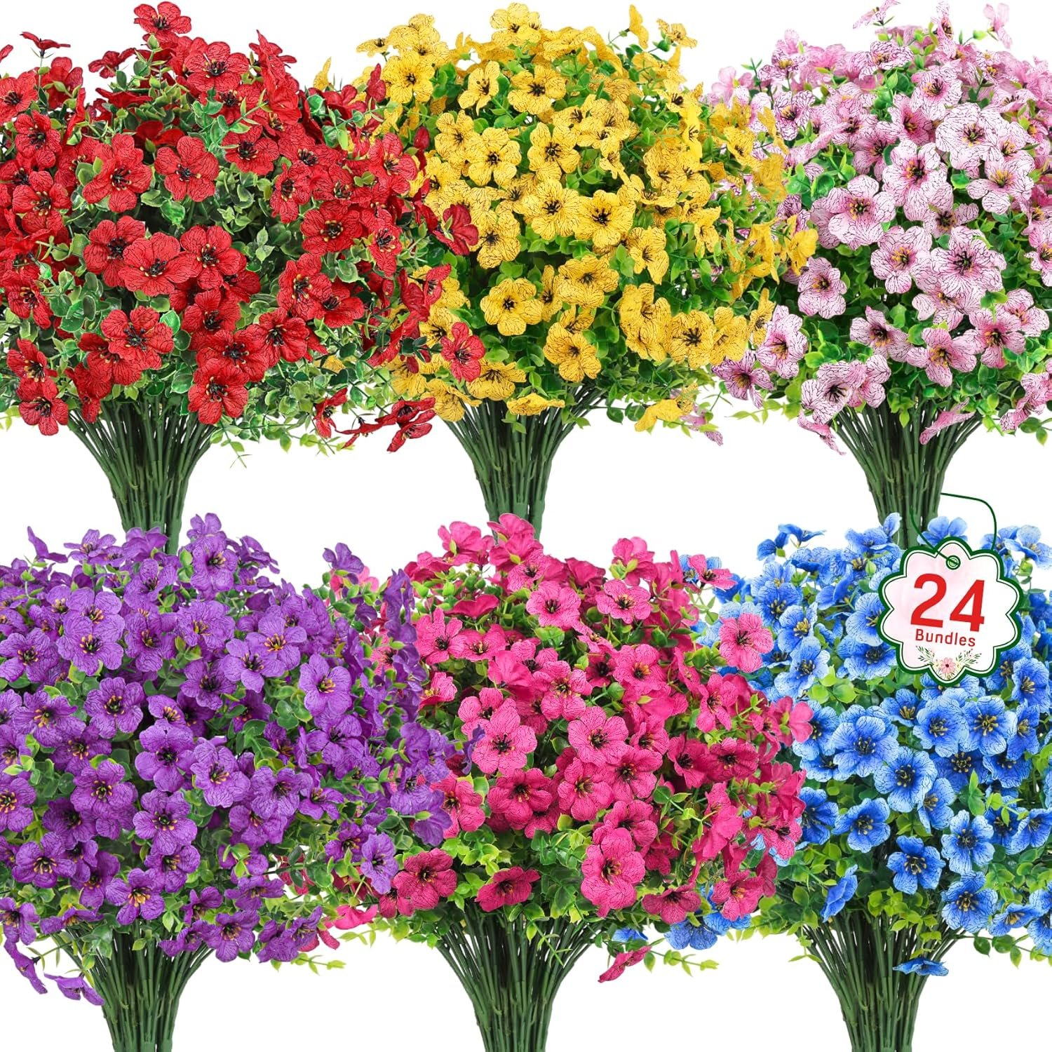 Ouddy Decor 24 Bundles Artificial Flowers for Outdoors Fake Silk Flowers UV Resistant Faux Plastic Plants for Spring Summer Garden Porch Window Box Table Vase Home Indoor Outdoor Decoration, Mixed
