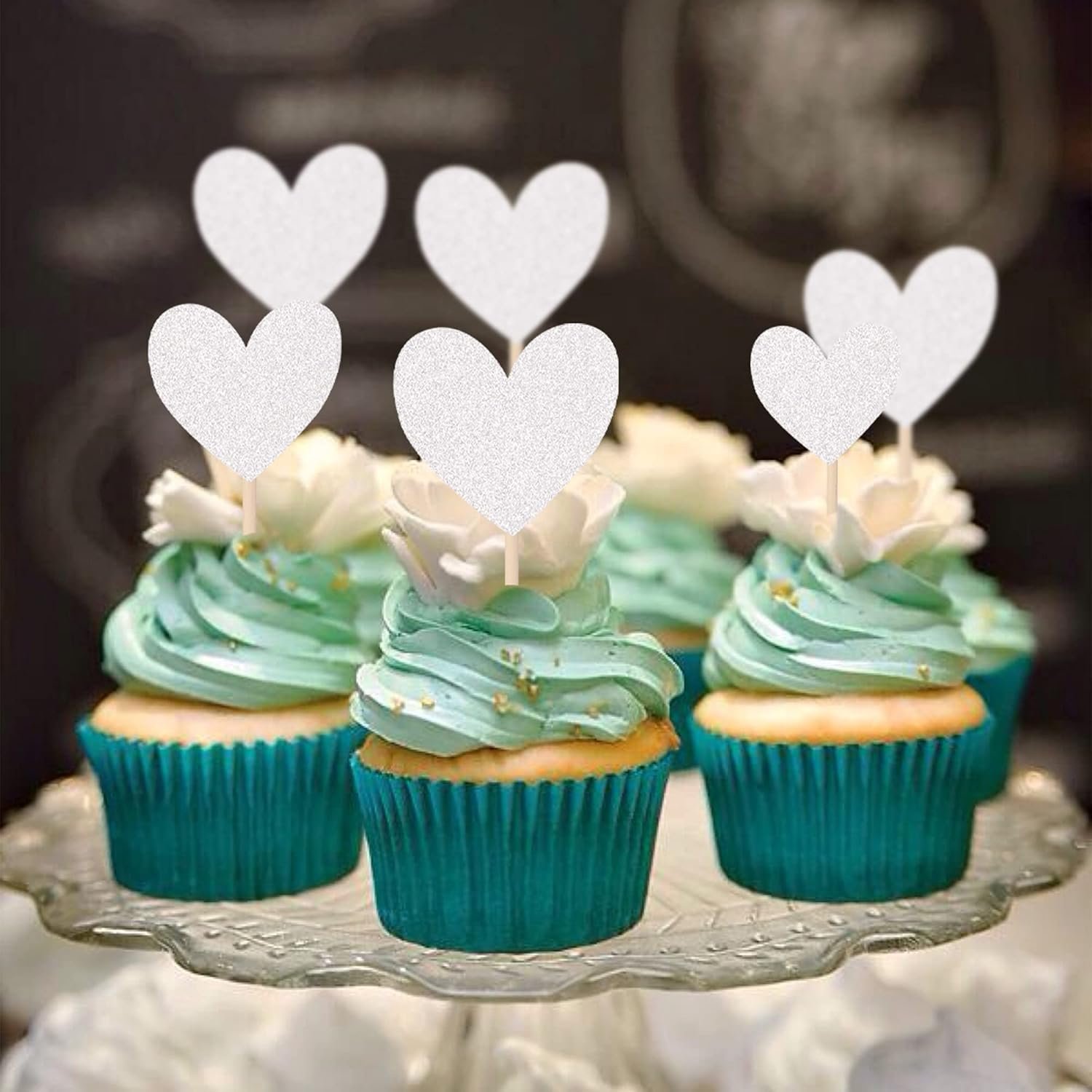 Wholesale 30 PCS Silver Glitter Love Heart Mixed Size Cupcake Toppers Picks Wedding Engagement Anniversary Bridal Shower Birthday Valentine's Day Party Decorations Supplier