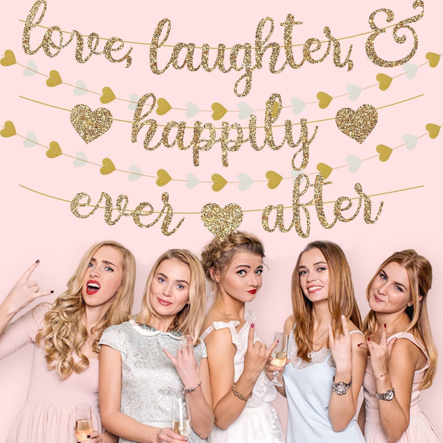 Wholesale Pre-Strung Love Laughter & Happily Ever After Gold Glitter Banner with 13FT Heart Streamers Garland for Wedding Bridal Shower Bachelorette Engagement Decor Supplier