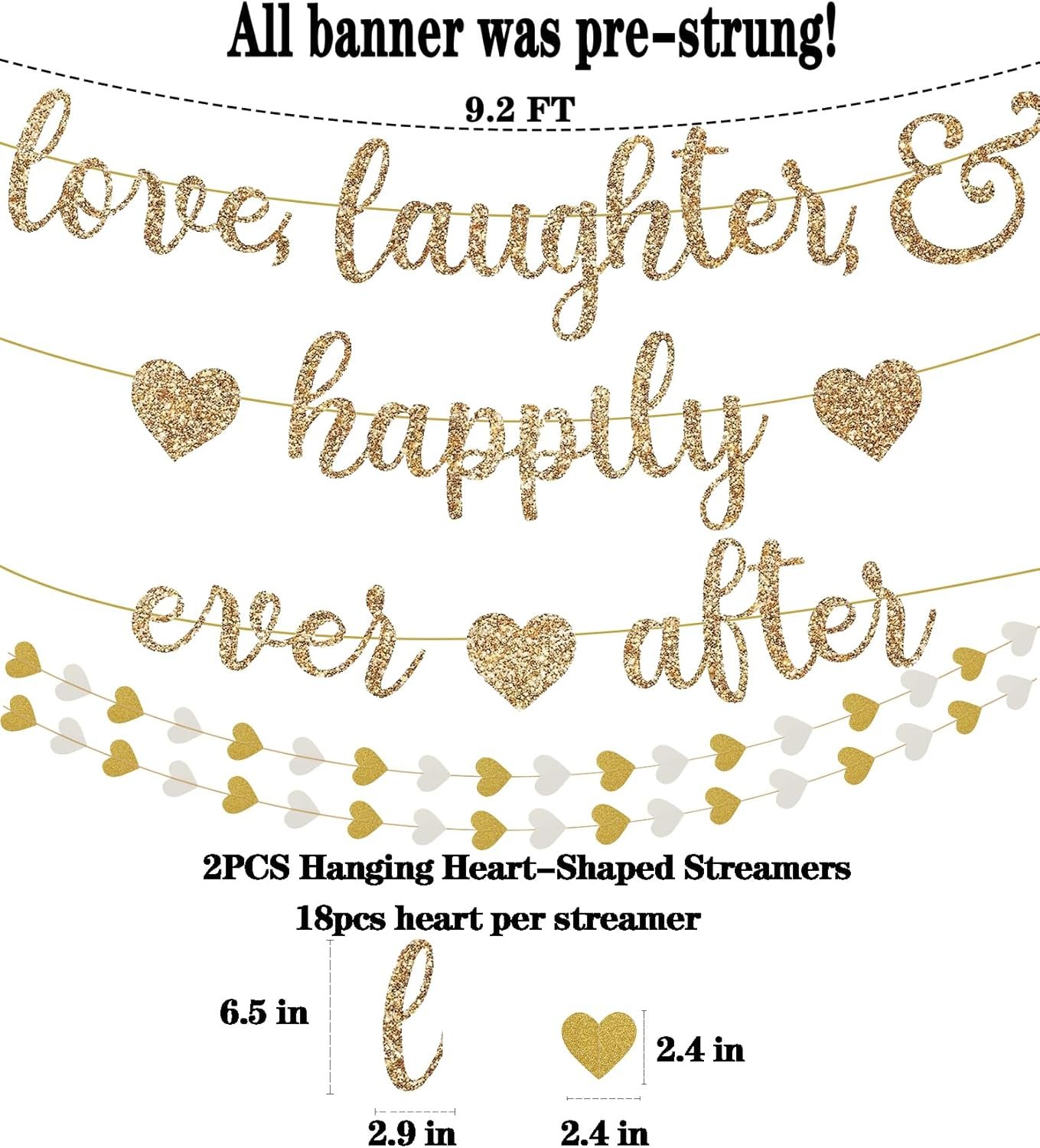Wholesale Pre-Strung Love Laughter & Happily Ever After Gold Glitter Banner with 13FT Heart Streamers Garland for Wedding Bridal Shower Bachelorette Engagement Decor Supplier