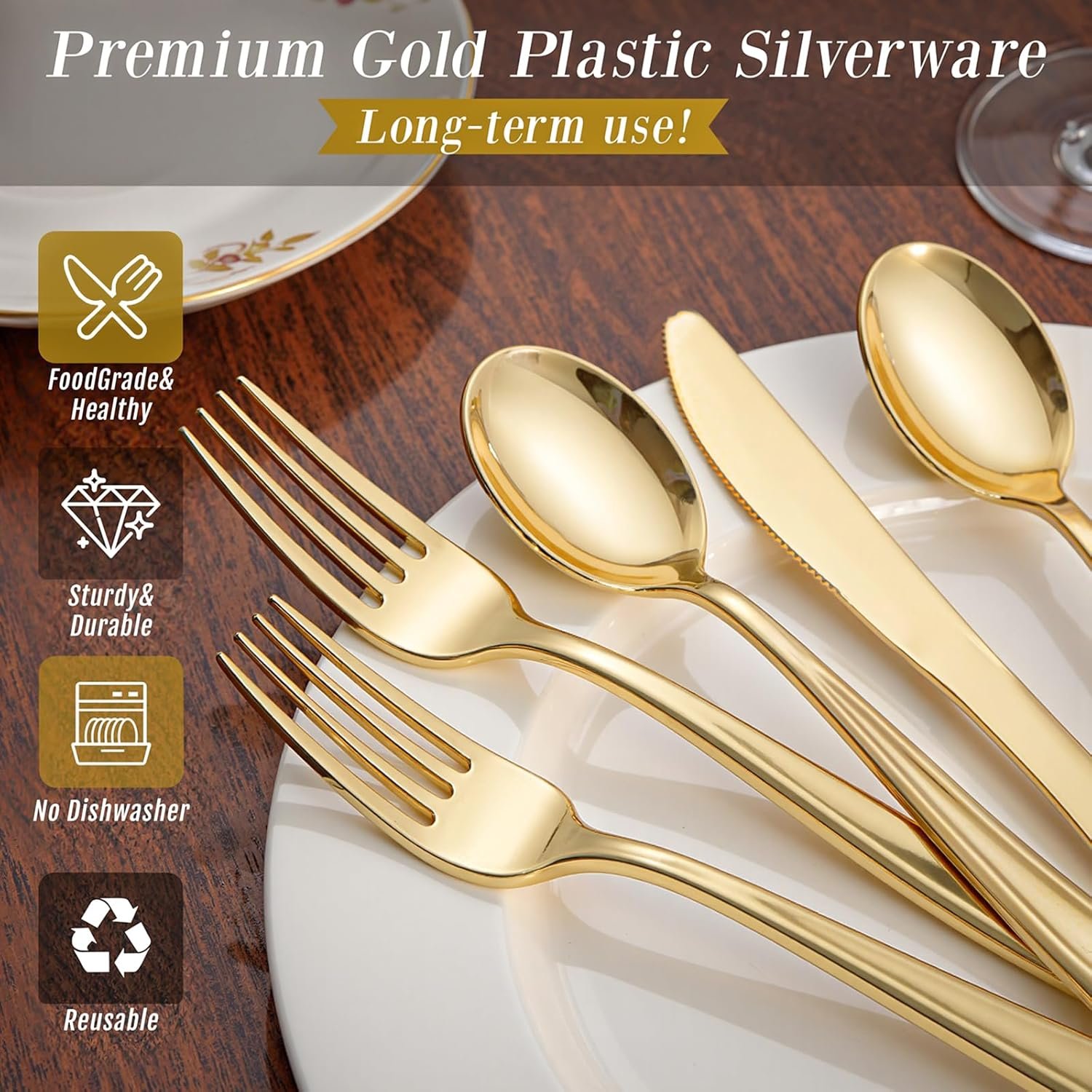 Wholesale 300 Pieces Heavy Duty Gold Plastic Disposable Silverware Cutlery Set 100 Forks 100 Spoons 100 Knives for Parties Valentine's Day Supplier